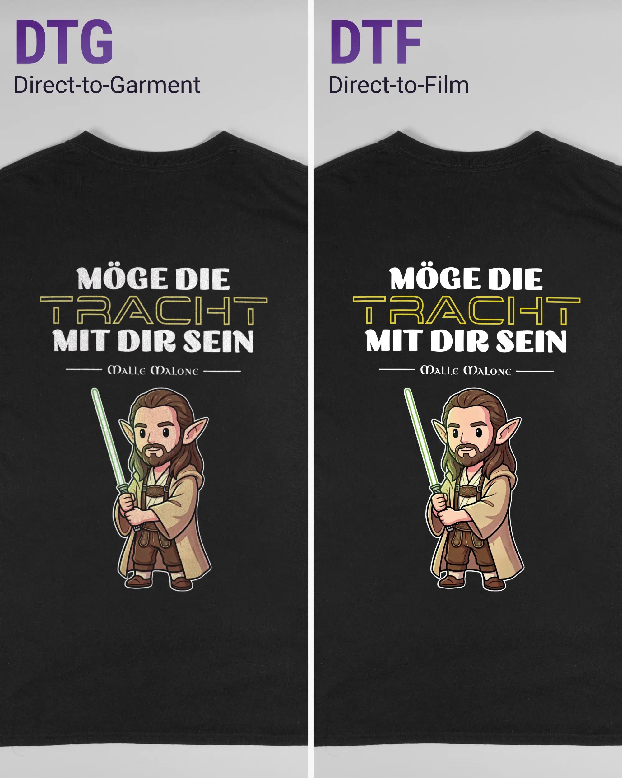 Vergleich der Rückseiten des Basic Unisex T-Shirt Regular von Maondo mit dem Design Tracht mit dir in der Farbe Black und in der Größe L links mit dem Direct-to-Garment und rechts mit dem Direct-to-Film Verfahren