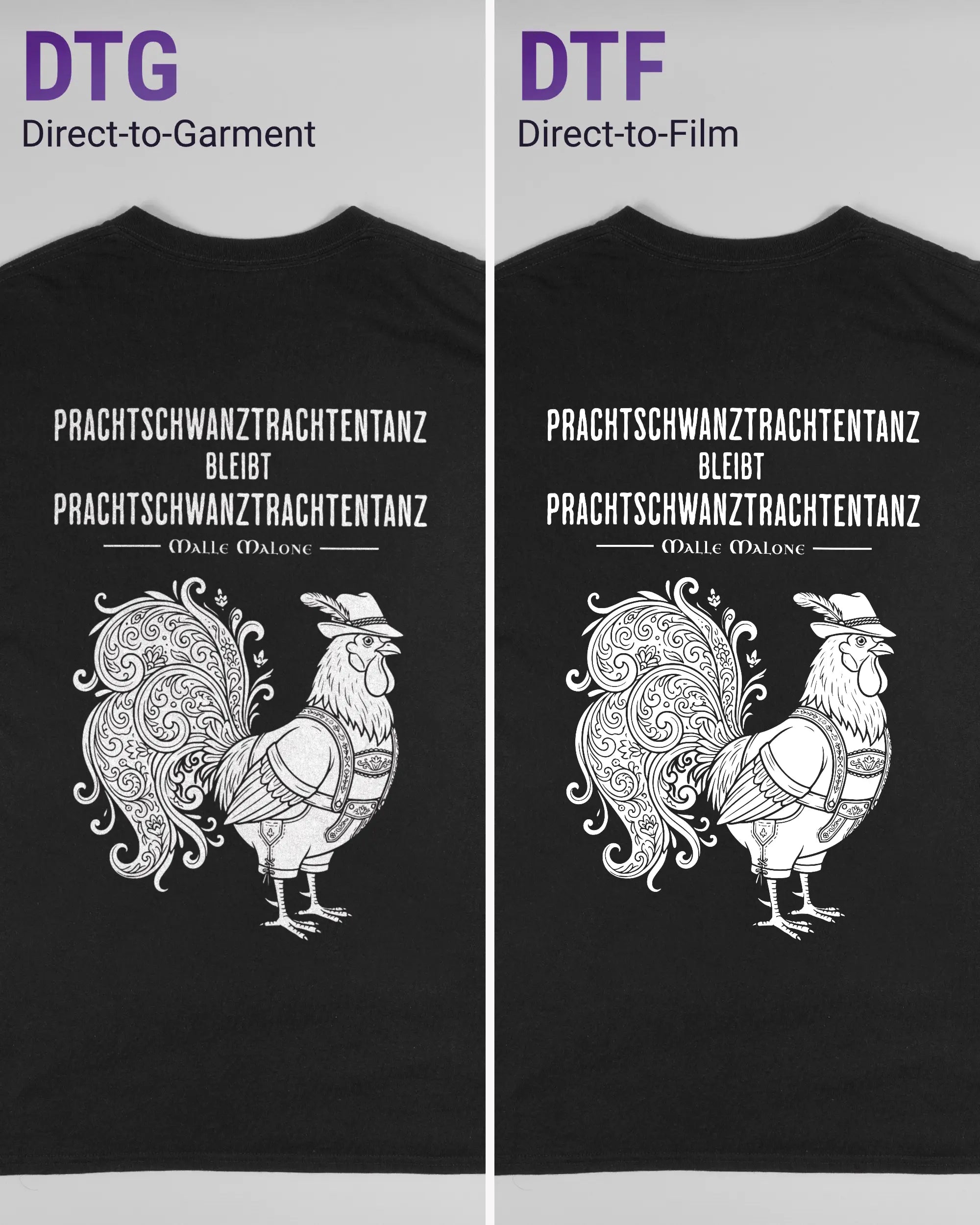 Vergleich der Rückseiten des Basic Unisex T-Shirt Regular von Maondo mit dem Design Trachtentanz in der Farbe Black und in der Größe L links mit dem Direct-to-Garment und rechts mit dem Direct-to-Film Verfahren
