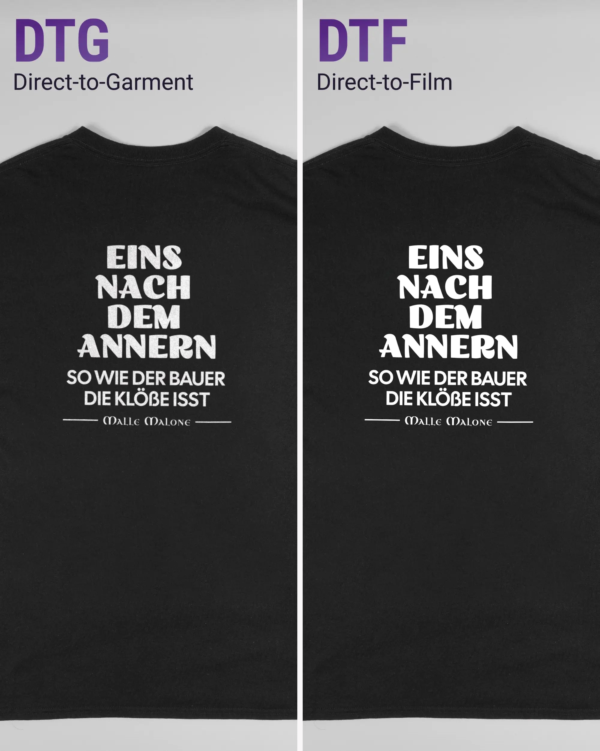 Vergleich der Rückseiten des Basic Unisex T-Shirt Regular von Maondo mit dem Design Eins nach dem Annern in der Farbe Black und in der Größe L links mit dem Direct-to-Garment und rechts mit dem Direct-to-Film Verfahren