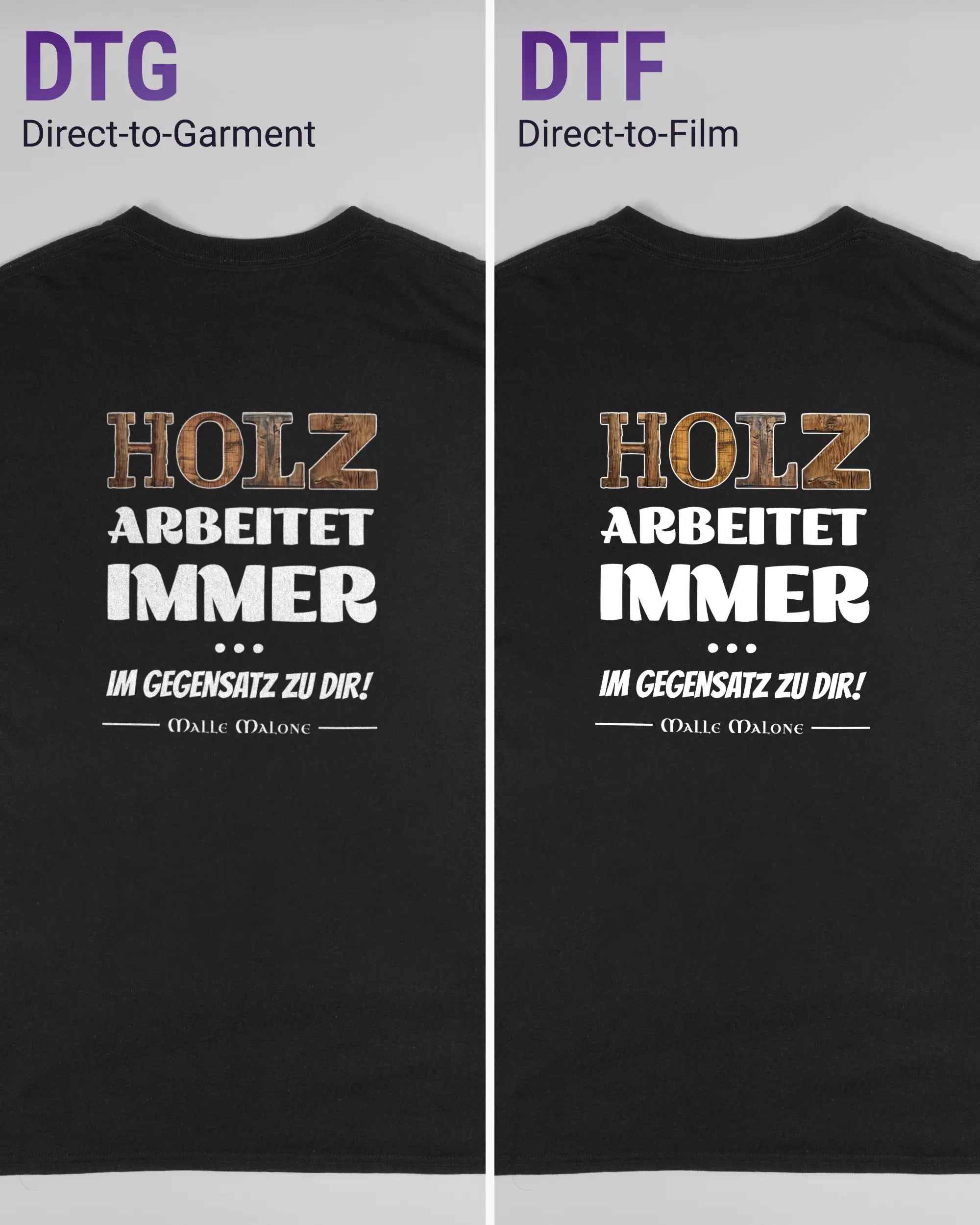 Vergleich der Rückseiten des Basic Unisex T-Shirt Regular von Maondo mit dem Design Holzarbeit in der Farbe Black und in der Größe L links mit dem Direct-to-Garment und rechts mit dem Direct-to-Film Verfahren