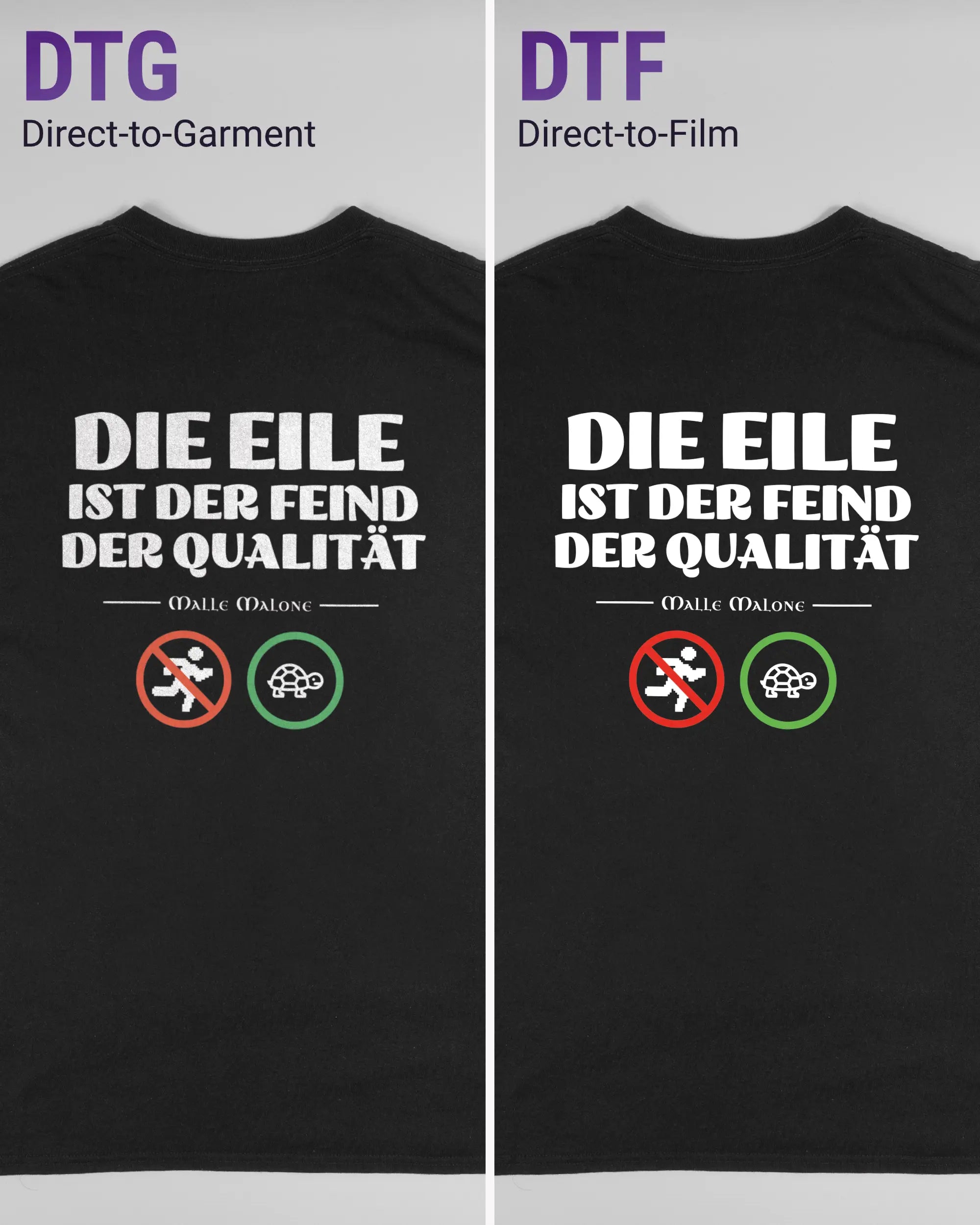 Vergleich der Rückseiten des Basic Unisex T-Shirt Regular von Maondo mit dem Design Keine Eile in der Farbe Black und in der Größe L links mit dem Direct-to-Garment und rechts mit dem Direct-to-Film Verfahren