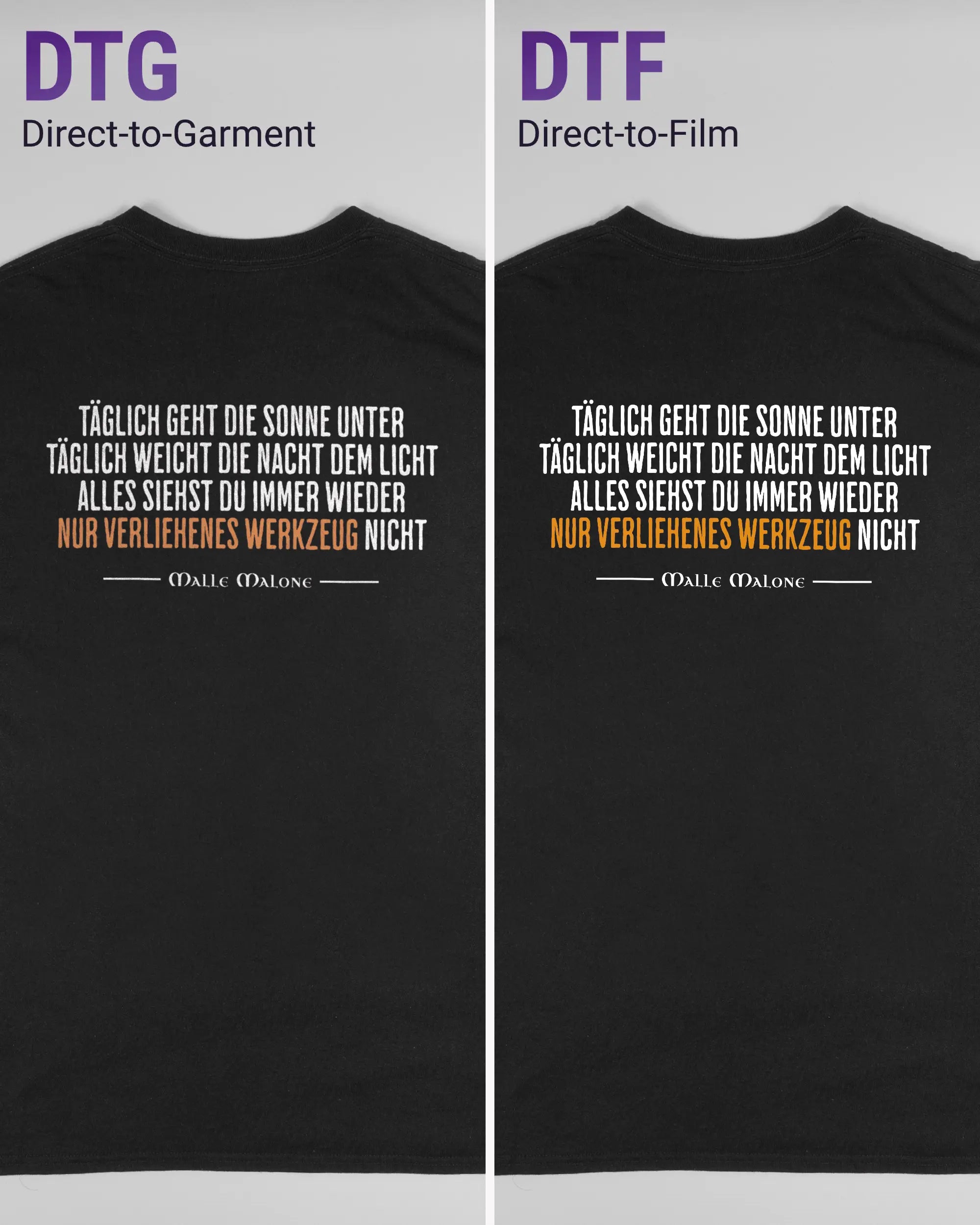Vergleich der Rückseiten des Basic Unisex T-Shirt Regular von Maondo mit dem Design Wegzeug in der Farbe Black und in der Größe L links mit dem Direct-to-Garment und rechts mit dem Direct-to-Film Verfahren