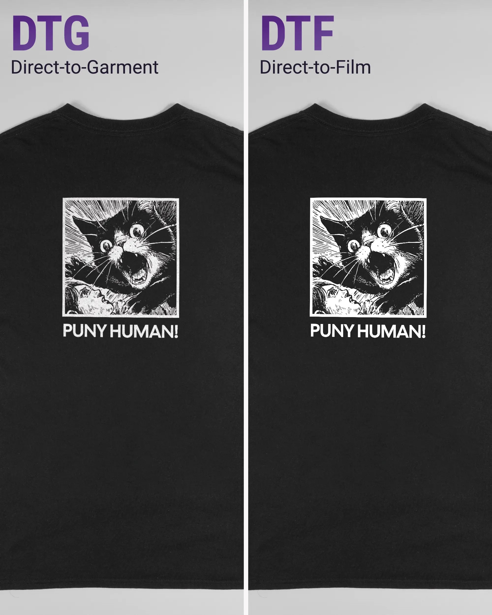 Vergleich der Rückseiten des Basic Unisex T-Shirt Regular von Maondo mit dem Design Puny Human in der Farbe Black und in der Größe L links mit dem Direct-to-Garment und rechts mit dem Direct-to-Film Verfahren