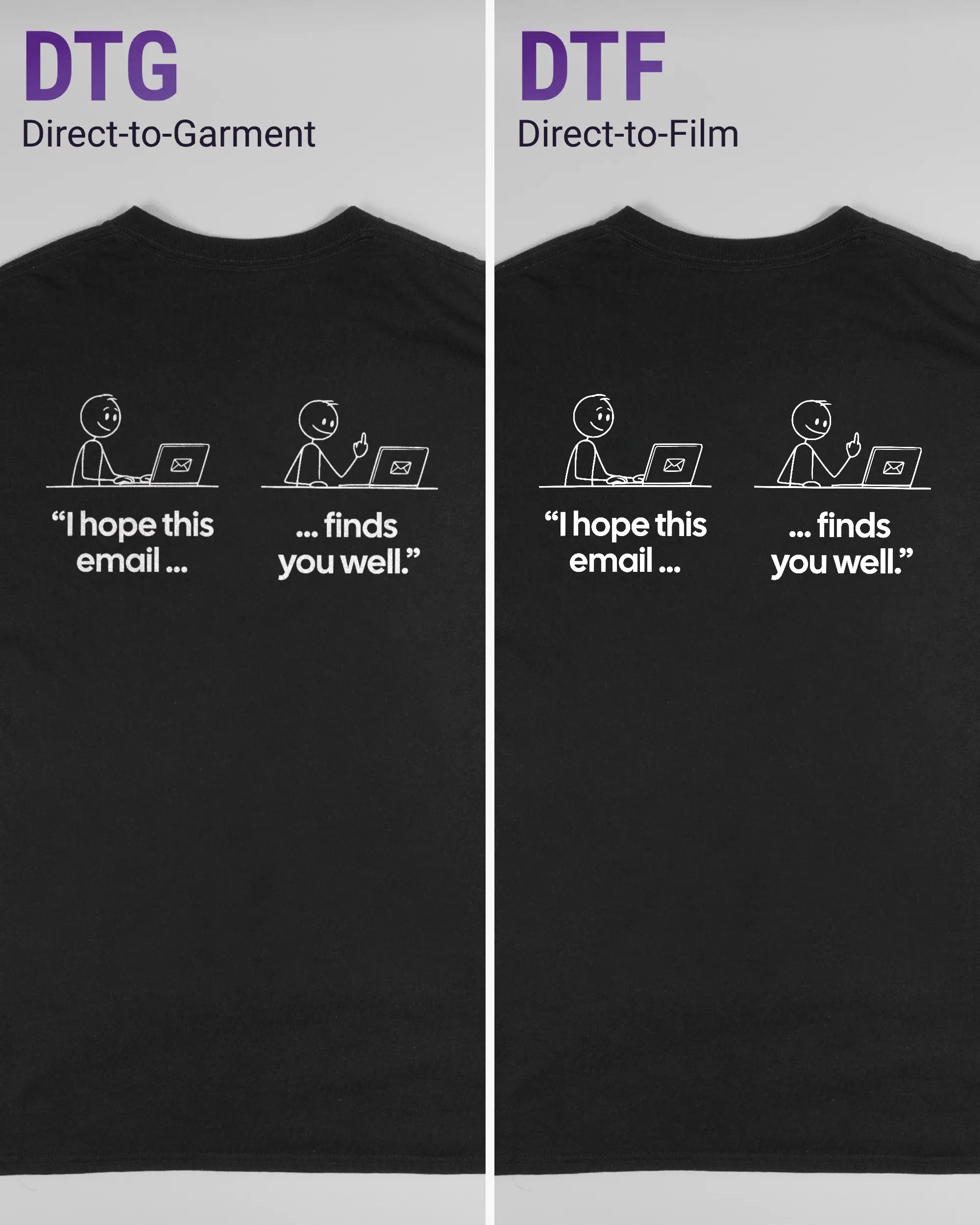Vergleich der Rückseiten des Basic Unisex T-Shirt Regular von Maondo mit dem Design Found me not well in der Farbe Black und in der Größe L links mit dem Direct-to-Garment und rechts mit dem Direct-to-Film Verfahren