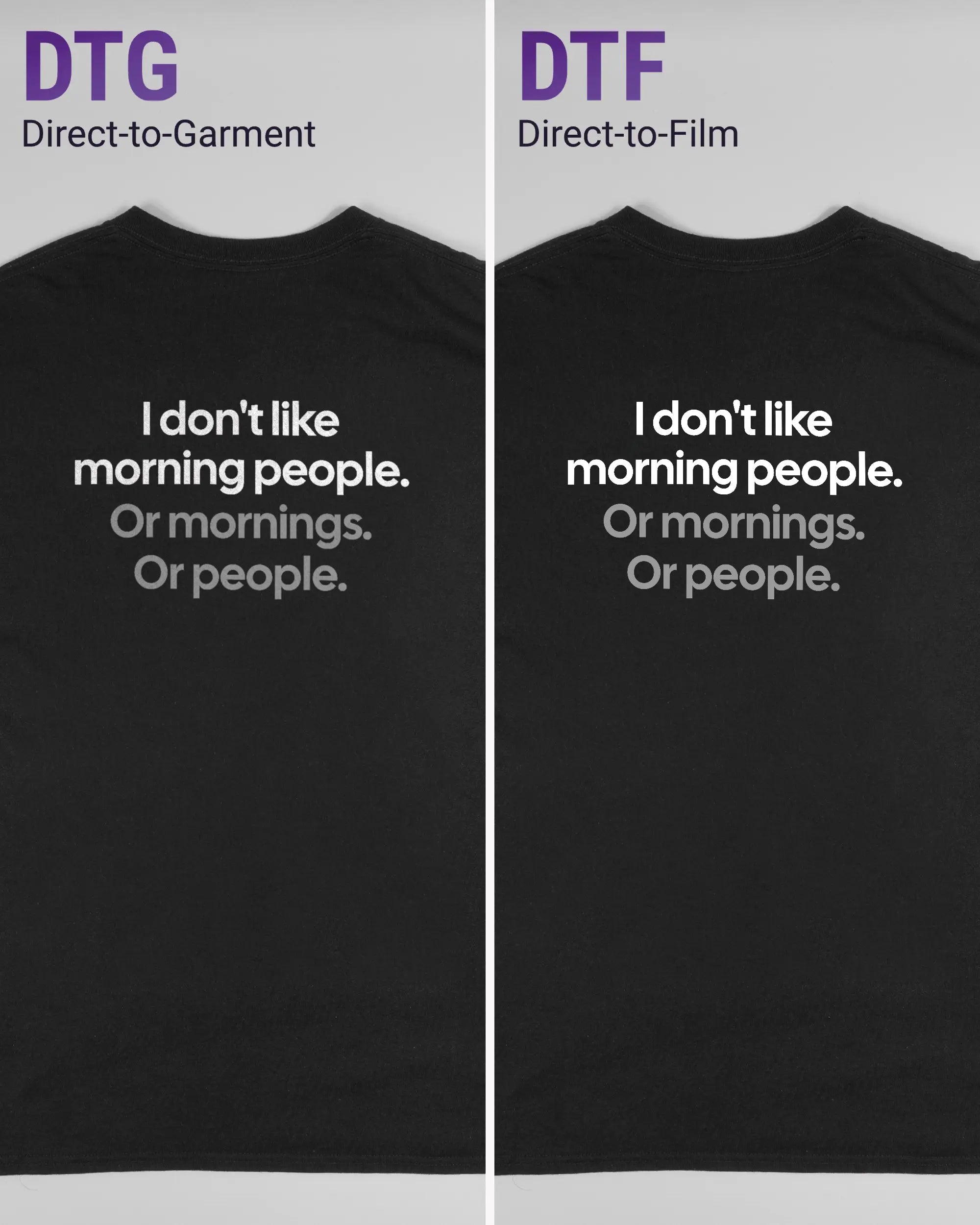 Vergleich der Rückseiten des Basic Unisex T-Shirt Regular von Maondo mit dem Design Morning Person in der Farbe Black und in der Größe L links mit dem Direct-to-Garment und rechts mit dem Direct-to-Film Verfahren