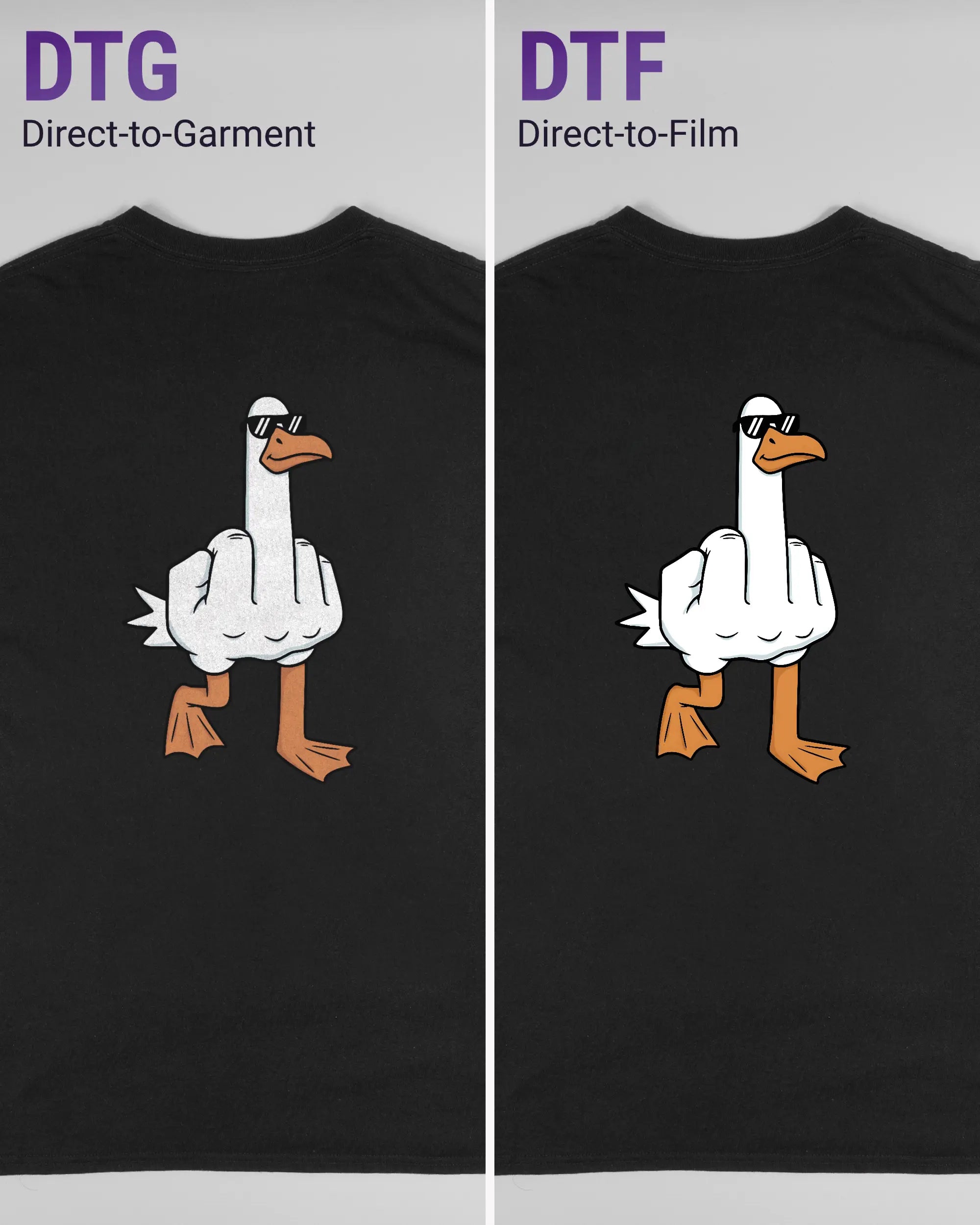 Vergleich der Rückseiten des Basic Unisex T-Shirt Regular von Maondo mit dem Design I give a duck in der Farbe Black und in der Größe L links mit dem Direct-to-Garment und rechts mit dem Direct-to-Film Verfahren