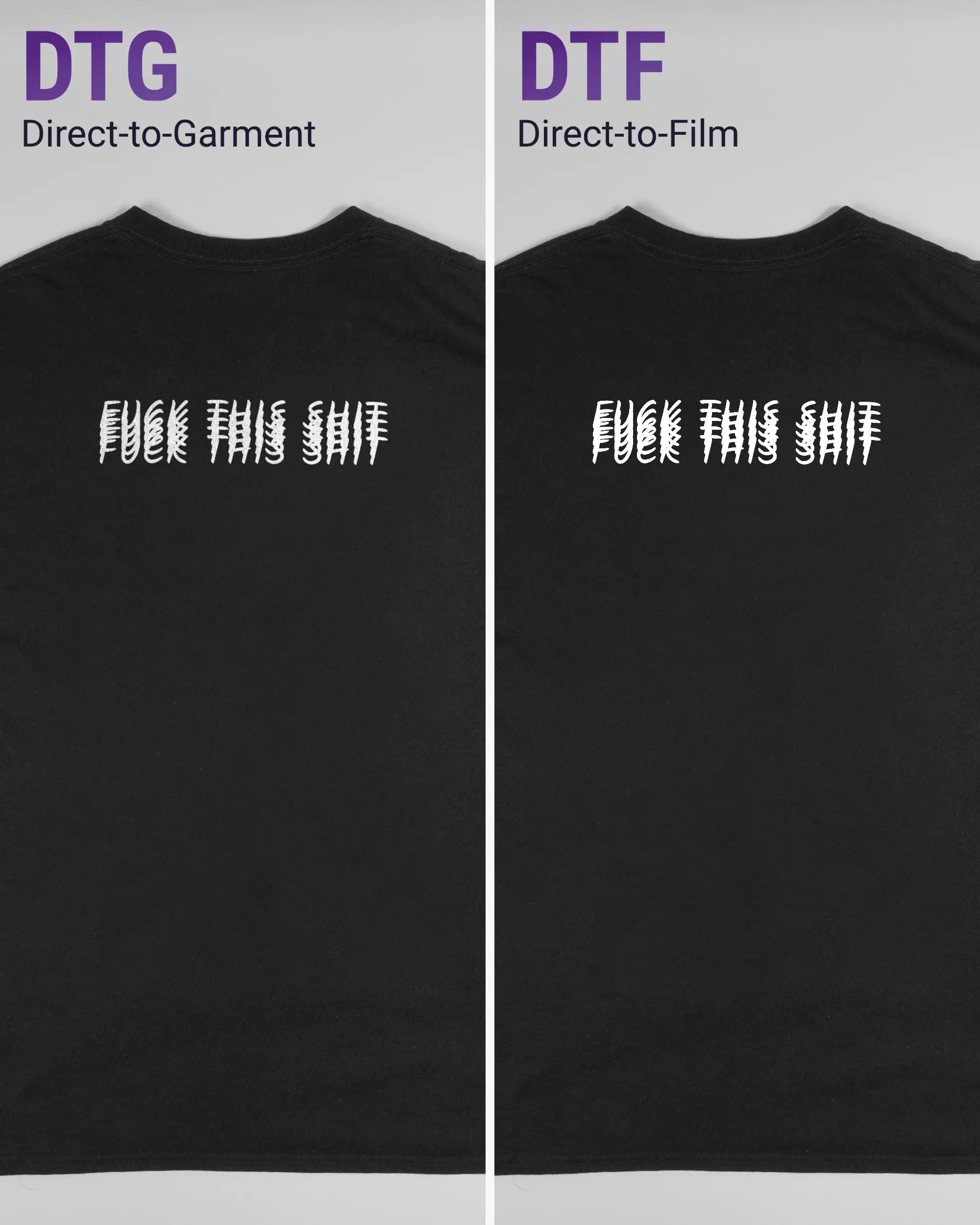 Vergleich der Rückseiten des Basic Unisex T-Shirt Regular von Maondo mit dem Design Hidden Message in der Farbe Black und in der Größe L links mit dem Direct-to-Garment und rechts mit dem Direct-to-Film Verfahren