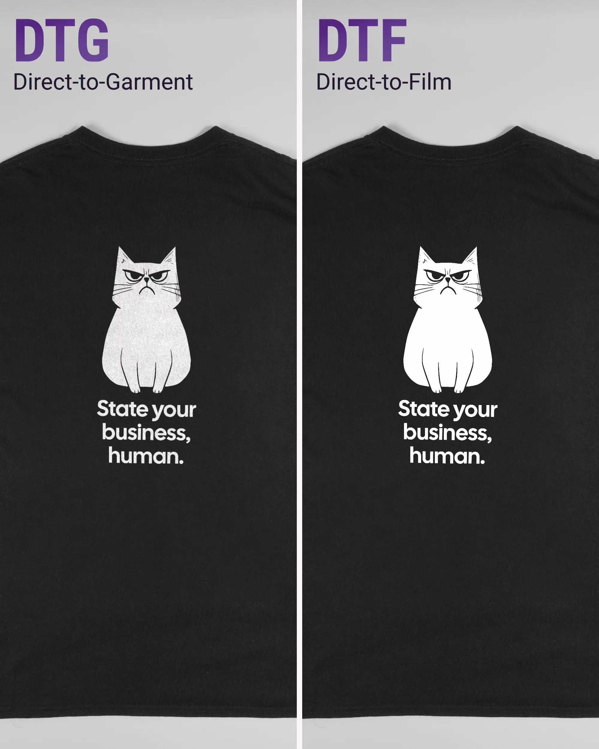 Vergleich der Rückseiten des Basic Unisex T-Shirt Regular von Maondo mit dem Design Grumpy Purr in der Farbe Black und in der Größe L links mit dem Direct-to-Garment und rechts mit dem Direct-to-Film Verfahren