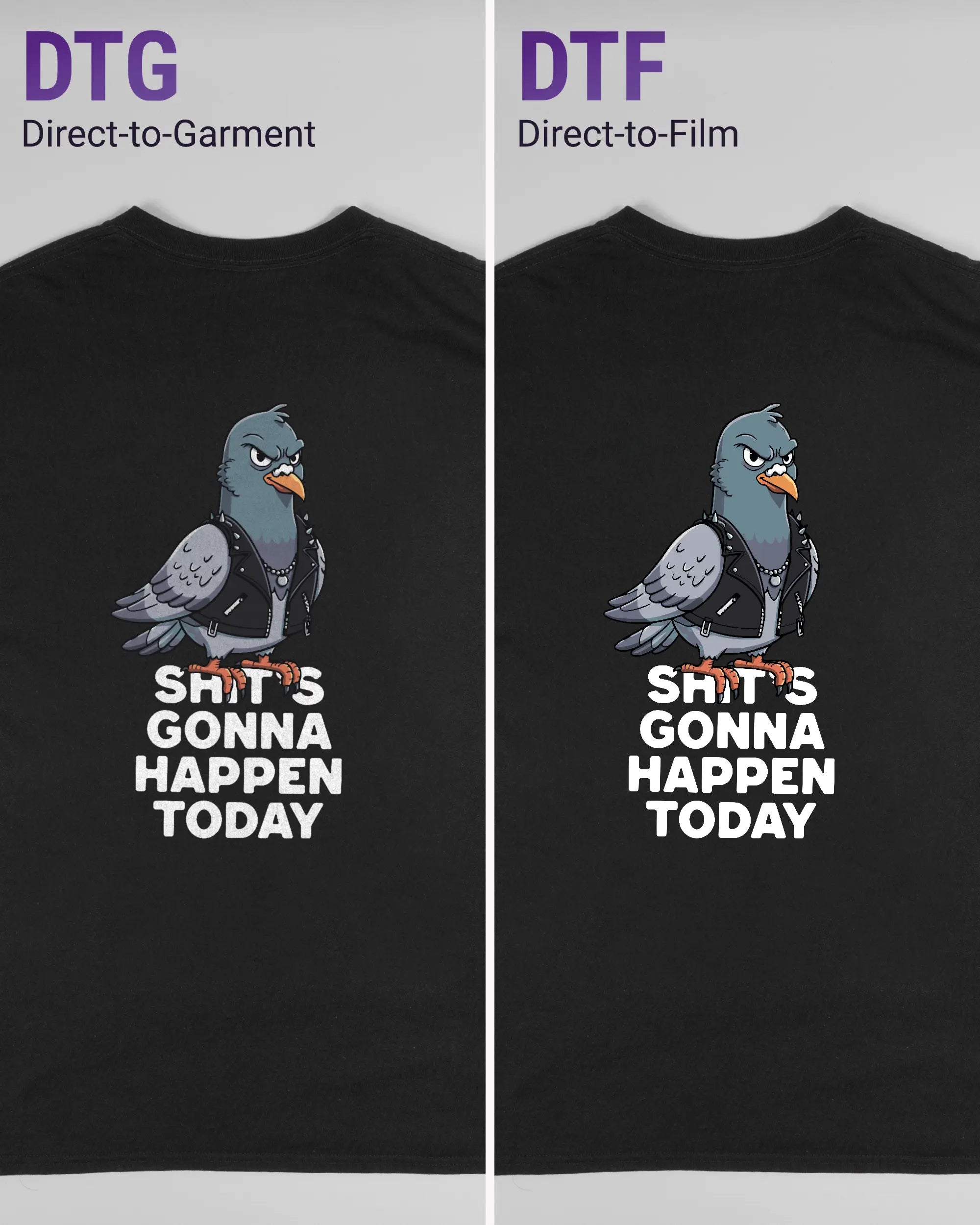 Vergleich der Rückseiten des Basic Unisex T-Shirt Regular von Maondo mit dem Design Pigeon Pun in der Farbe Black und in der Größe L links mit dem Direct-to-Garment und rechts mit dem Direct-to-Film Verfahren