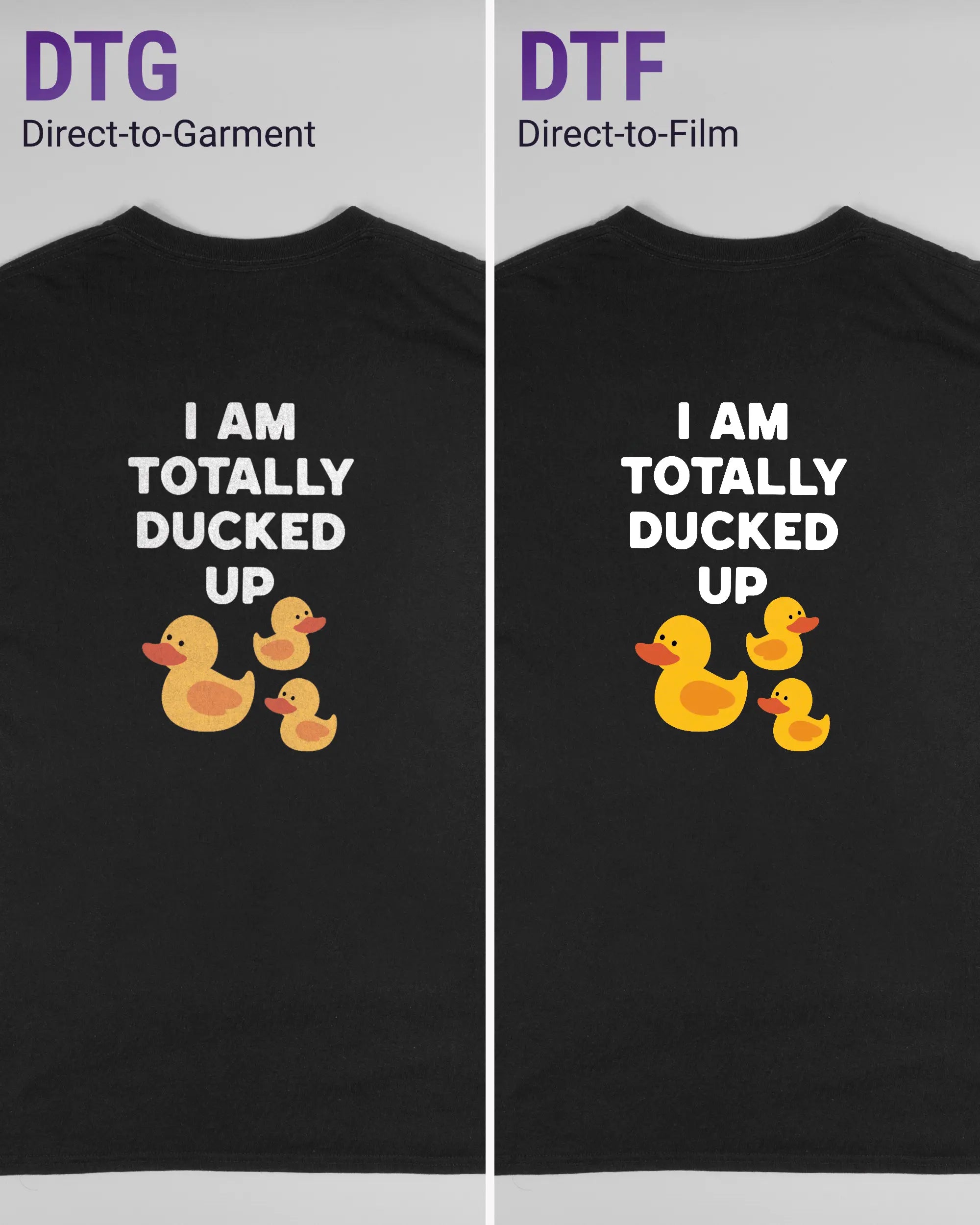Vergleich der Rückseiten des Basic Unisex T-Shirt Regular von Maondo mit dem Design Ducked Up in der Farbe Black und in der Größe L links mit dem Direct-to-Garment und rechts mit dem Direct-to-Film Verfahren