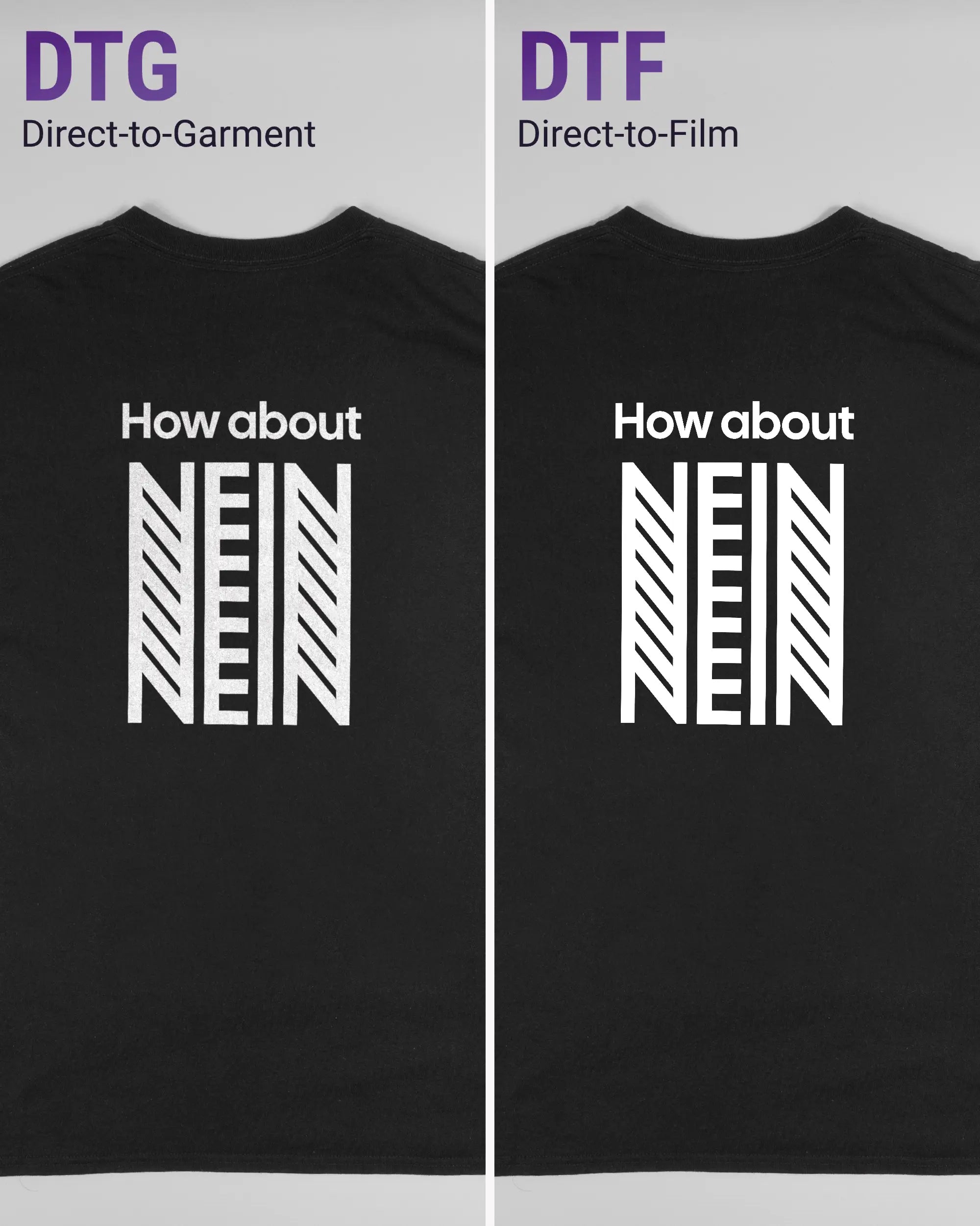 Vergleich der Rückseiten des Basic Unisex T-Shirt Regular von Maondo mit dem Design How about nein in der Farbe Black und in der Größe L links mit dem Direct-to-Garment und rechts mit dem Direct-to-Film Verfahren