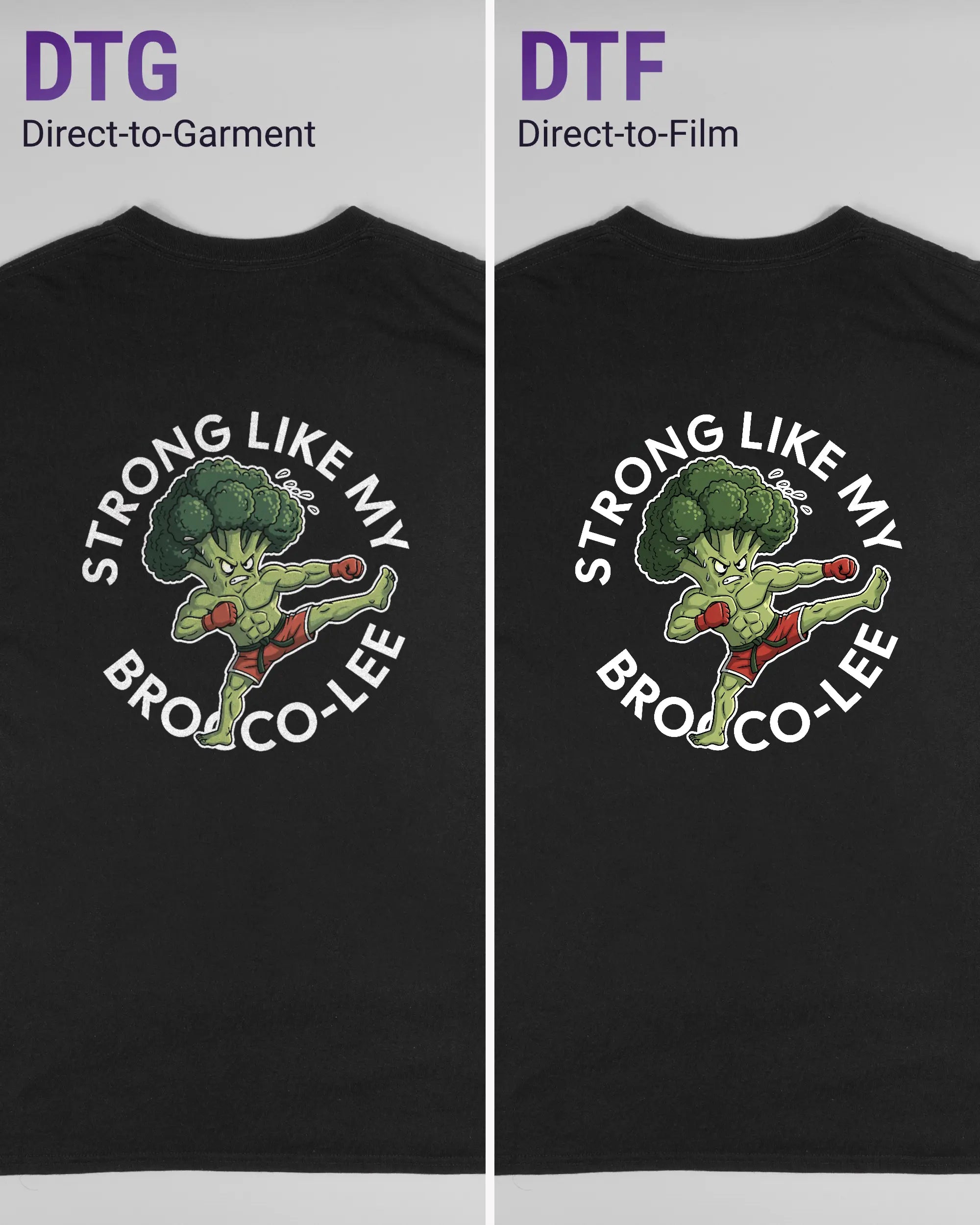 Vergleich der Rückseiten des Basic Unisex T-Shirt Regular von Maondo mit dem Design Brocco-Lee in der Farbe Black und in der Größe L links mit dem Direct-to-Garment und rechts mit dem Direct-to-Film Verfahren
