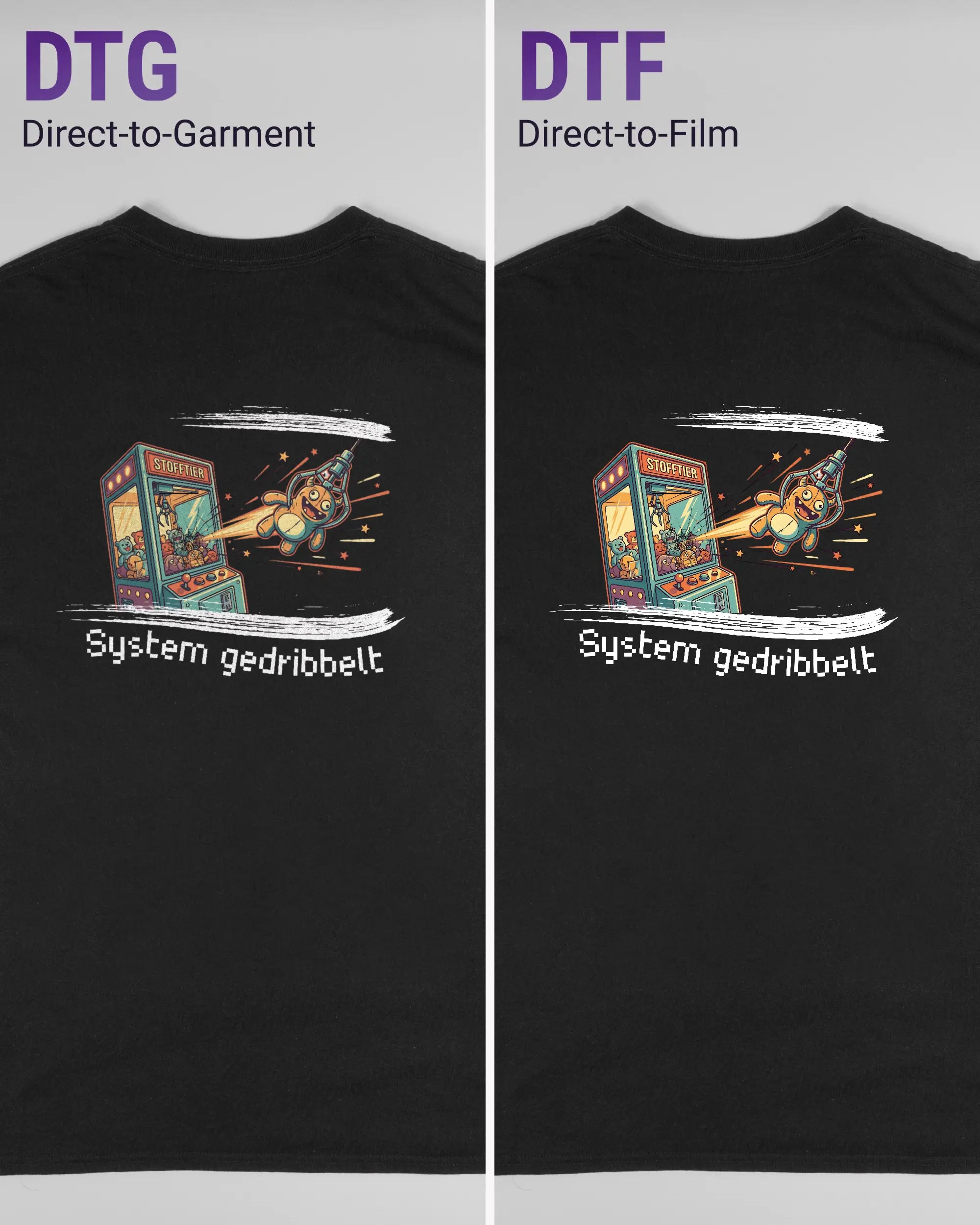 Vergleich der Rückseiten des Basic Unisex T-Shirt Regular von Maondo mit dem Design System gedribbelt in der Farbe Black und in der Größe L links mit dem Direct-to-Garment und rechts mit dem Direct-to-Film Verfahren