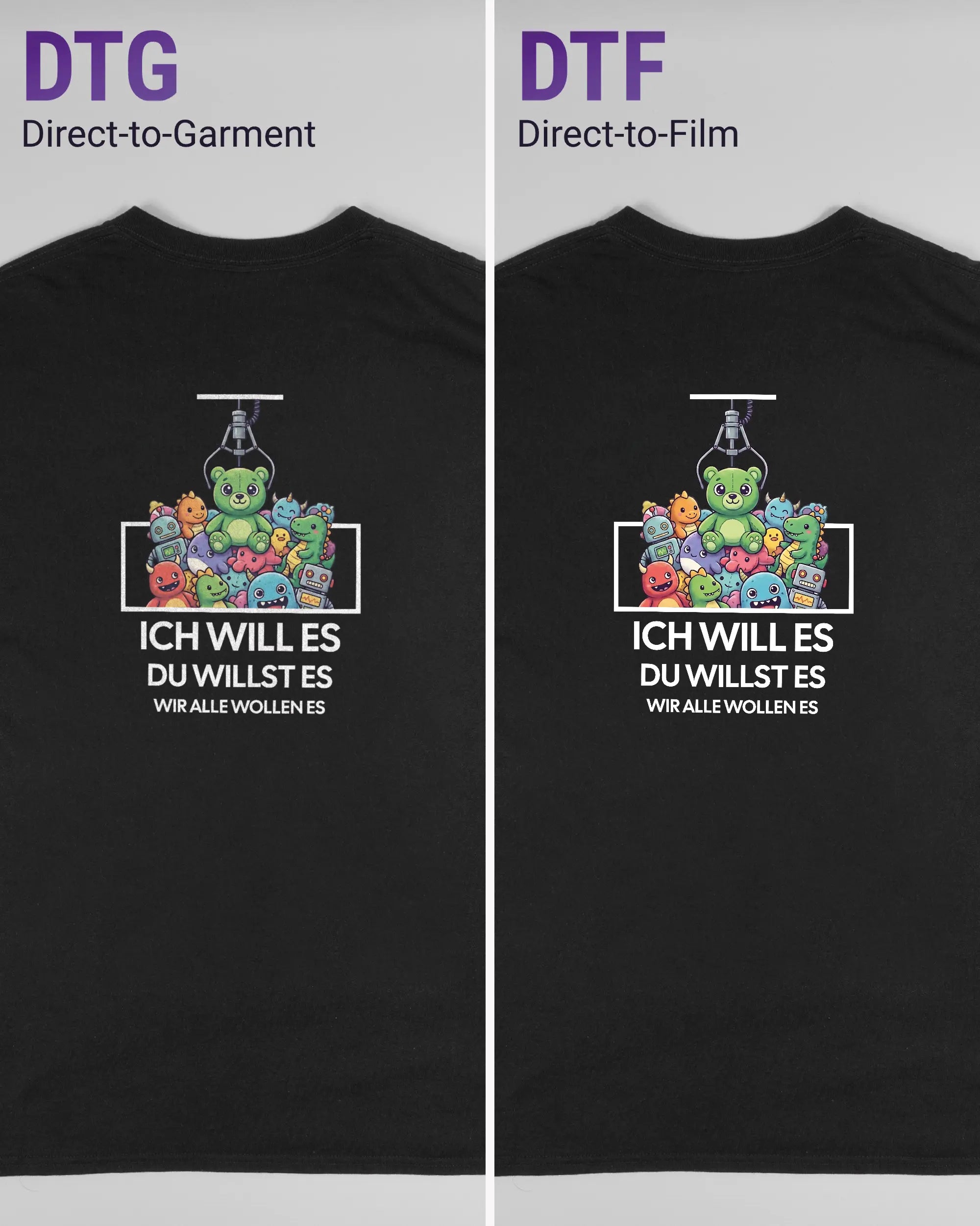 Vergleich der Rückseiten des Basic Unisex T-Shirt Regular von Maondo mit dem Design Will Stofftier in der Farbe Black und in der Größe L links mit dem Direct-to-Garment und rechts mit dem Direct-to-Film Verfahren