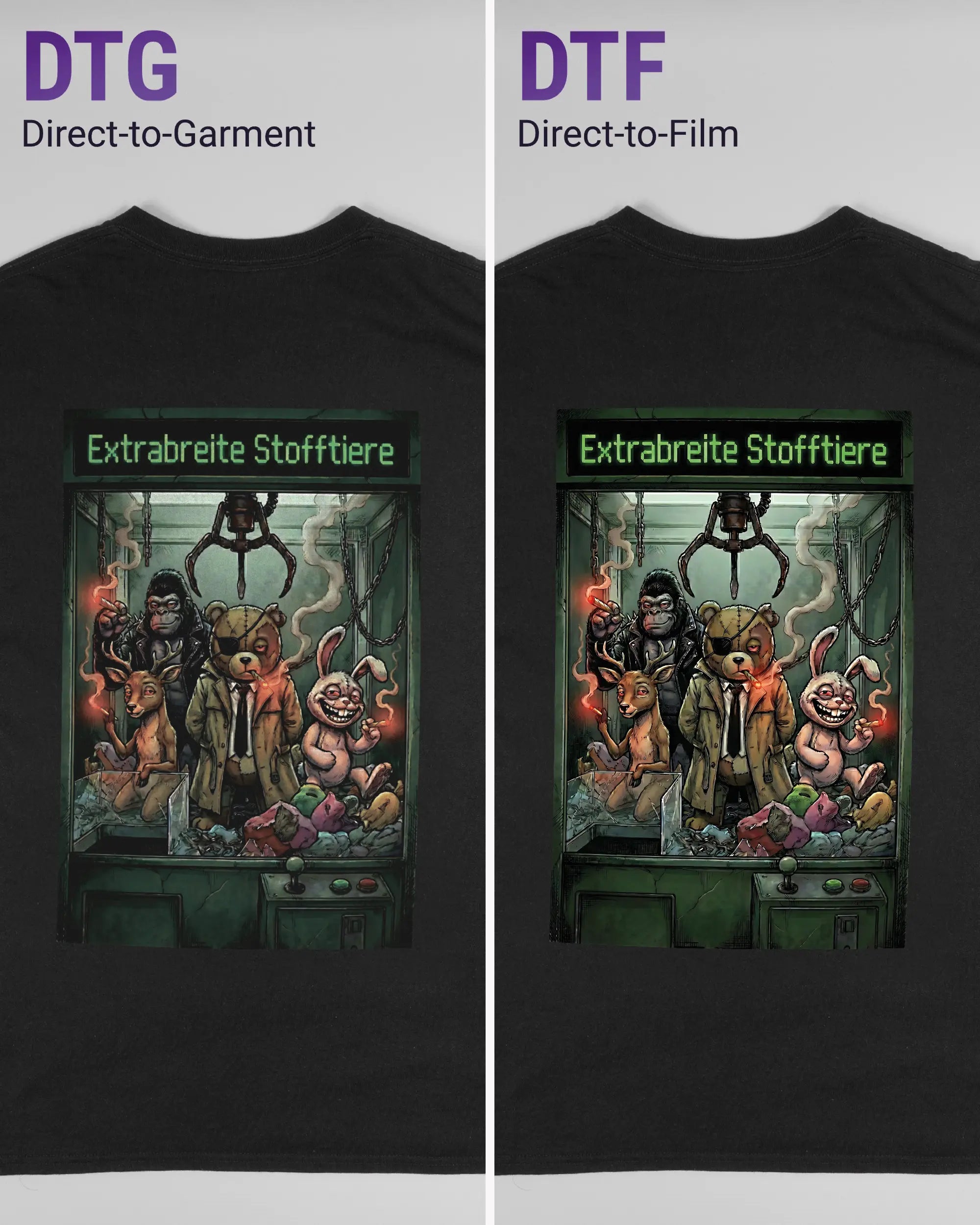 Vergleich der Rückseiten des Basic Unisex T-Shirt Regular von Maondo mit dem Design Extrabreit in der Farbe Black und in der Größe L links mit dem Direct-to-Garment und rechts mit dem Direct-to-Film Verfahren