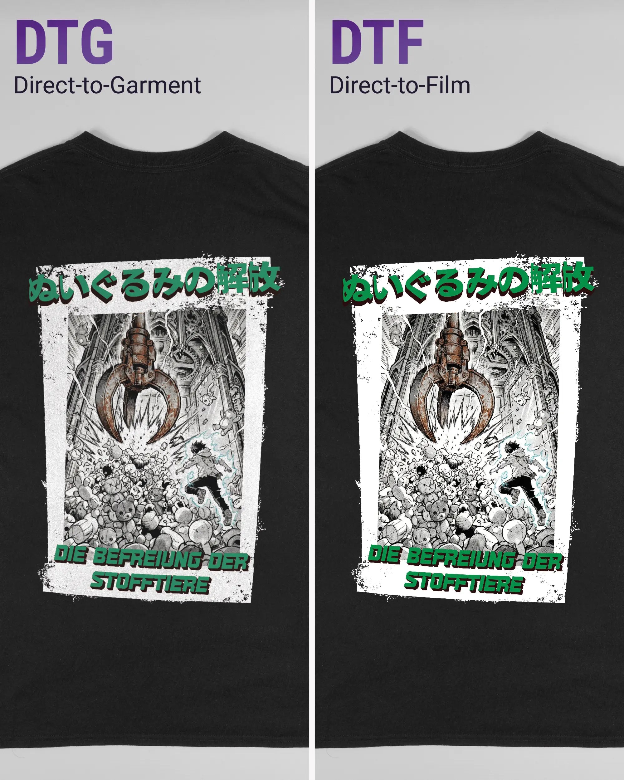 Vergleich der Rückseiten des Basic Unisex T-Shirt Regular von Maondo mit dem Design Save 1 Stofftier in der Farbe Black und in der Größe L links mit dem Direct-to-Garment und rechts mit dem Direct-to-Film Verfahren