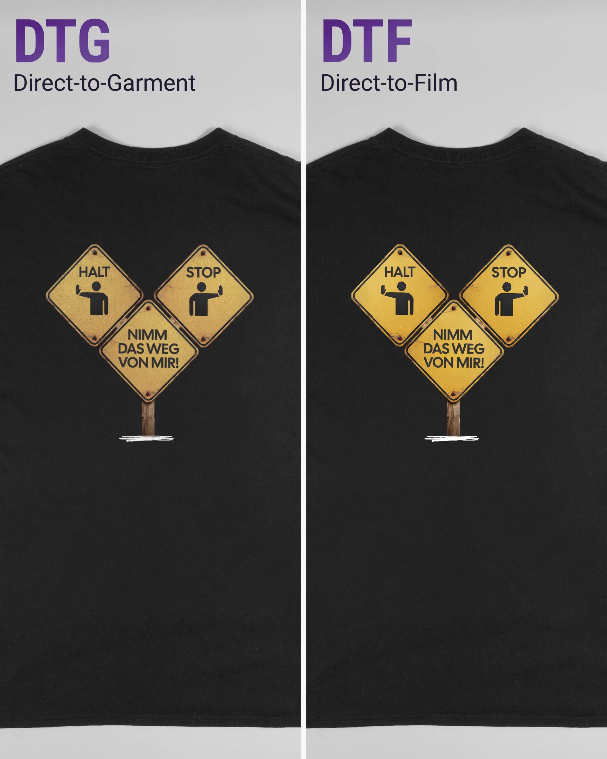 Vergleich der Rückseiten des Basic Unisex T-Shirt Regular von Maondo mit dem Design Schutzschild in der Farbe Black und in der Größe L links mit dem Direct-to-Garment und rechts mit dem Direct-to-Film Verfahren