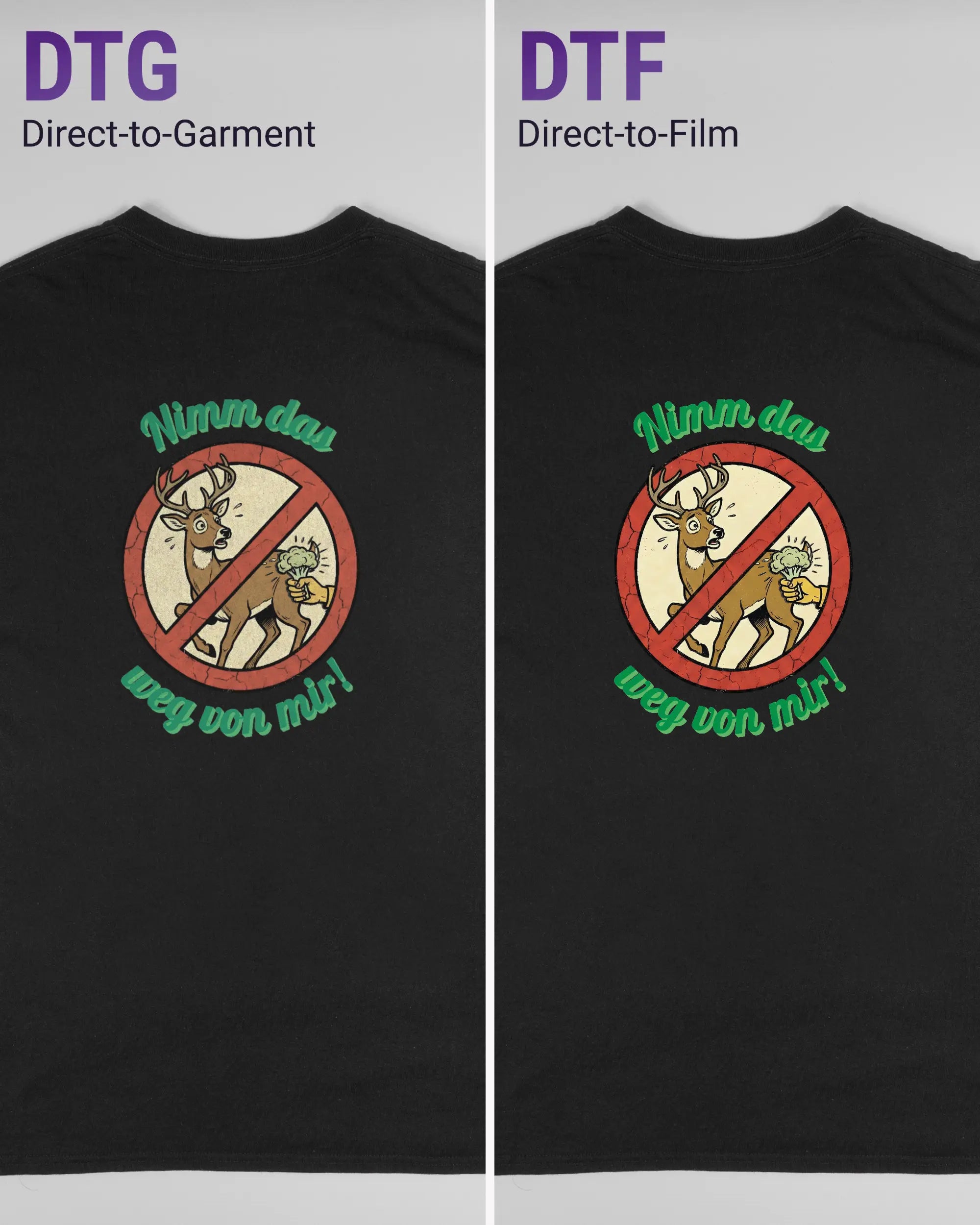 Vergleich der Rückseiten des Basic Unisex T-Shirt Regular von Maondo mit dem Design Reh weg in der Farbe Black und in der Größe L links mit dem Direct-to-Garment und rechts mit dem Direct-to-Film Verfahren