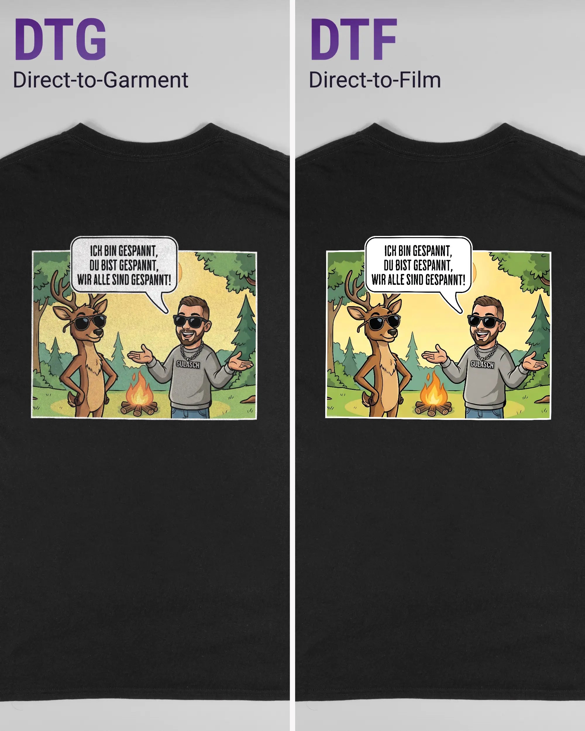 Vergleich der Rückseiten des Basic Unisex T-Shirt Regular von Maondo mit dem Design Vollspannung in der Farbe Black und in der Größe L links mit dem Direct-to-Garment und rechts mit dem Direct-to-Film Verfahren