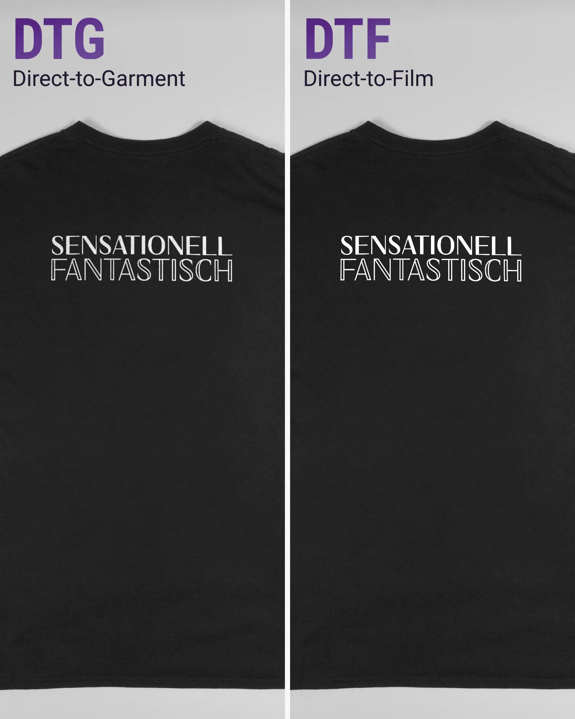Vergleich der Rückseiten des Basic Unisex T-Shirt Regular von Maondo mit dem Design Sensationell in der Farbe Black und in der Größe L links mit dem Direct-to-Garment und rechts mit dem Direct-to-Film Verfahren