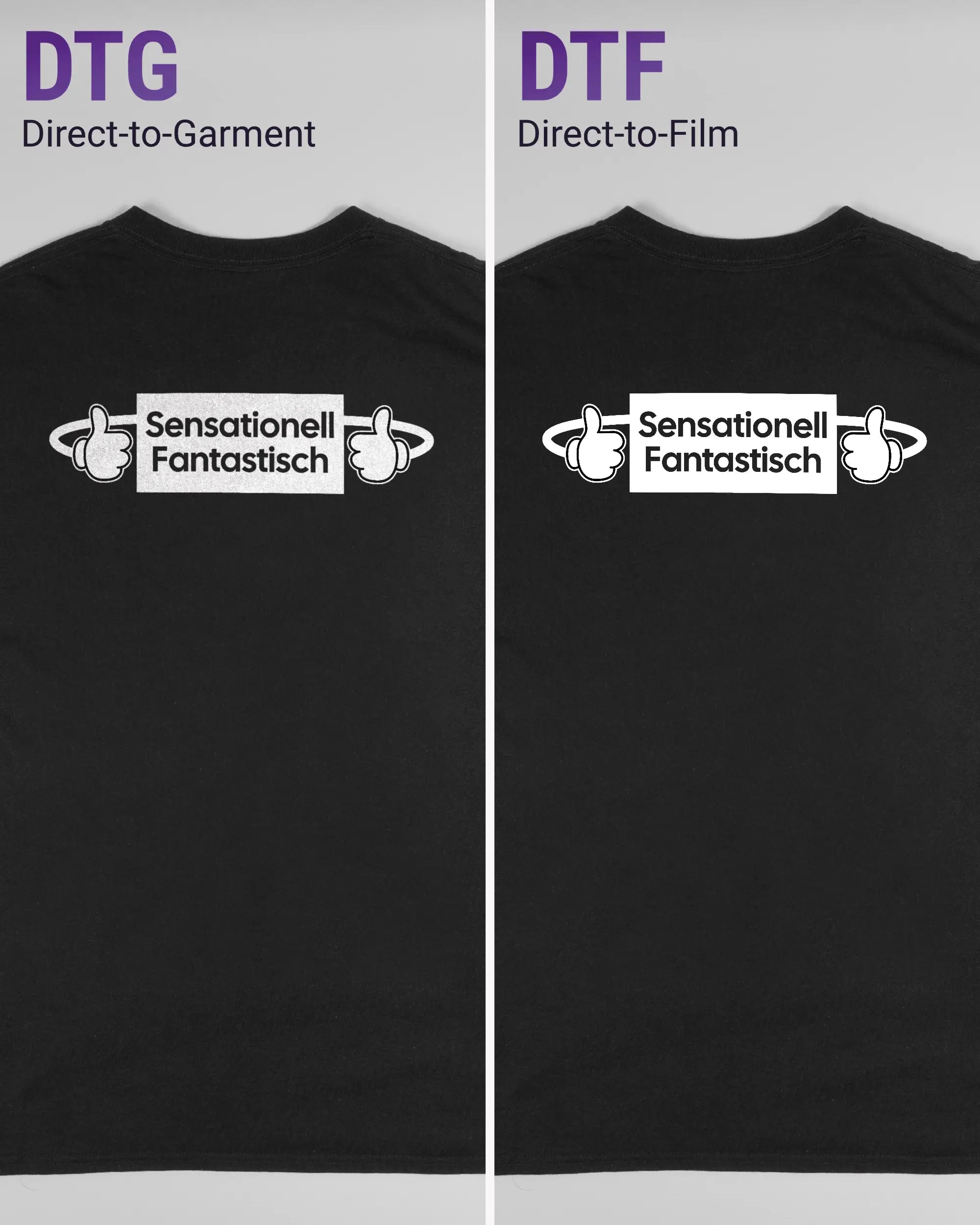 Vergleich der Rückseiten des Basic Unisex T-Shirt Regular von Maondo mit dem Design Fantastisch in der Farbe Black und in der Größe L links mit dem Direct-to-Garment und rechts mit dem Direct-to-Film Verfahren