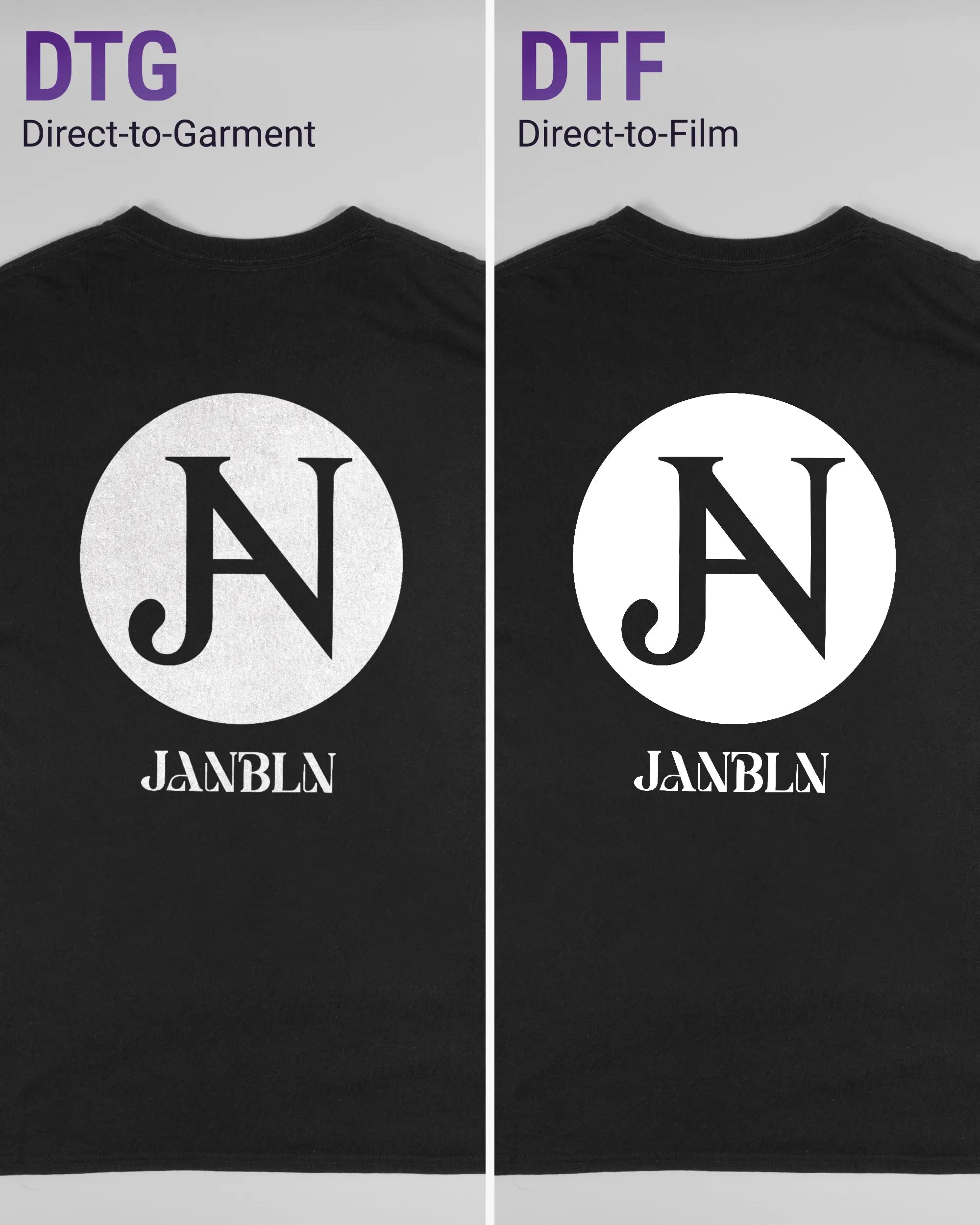 Vergleich der Rückseiten des Basic Unisex T-Shirt Regular von Maondo mit dem Design JB1 in der Farbe Black und in der Größe L links mit dem Direct-to-Garment und rechts mit dem Direct-to-Film Verfahren