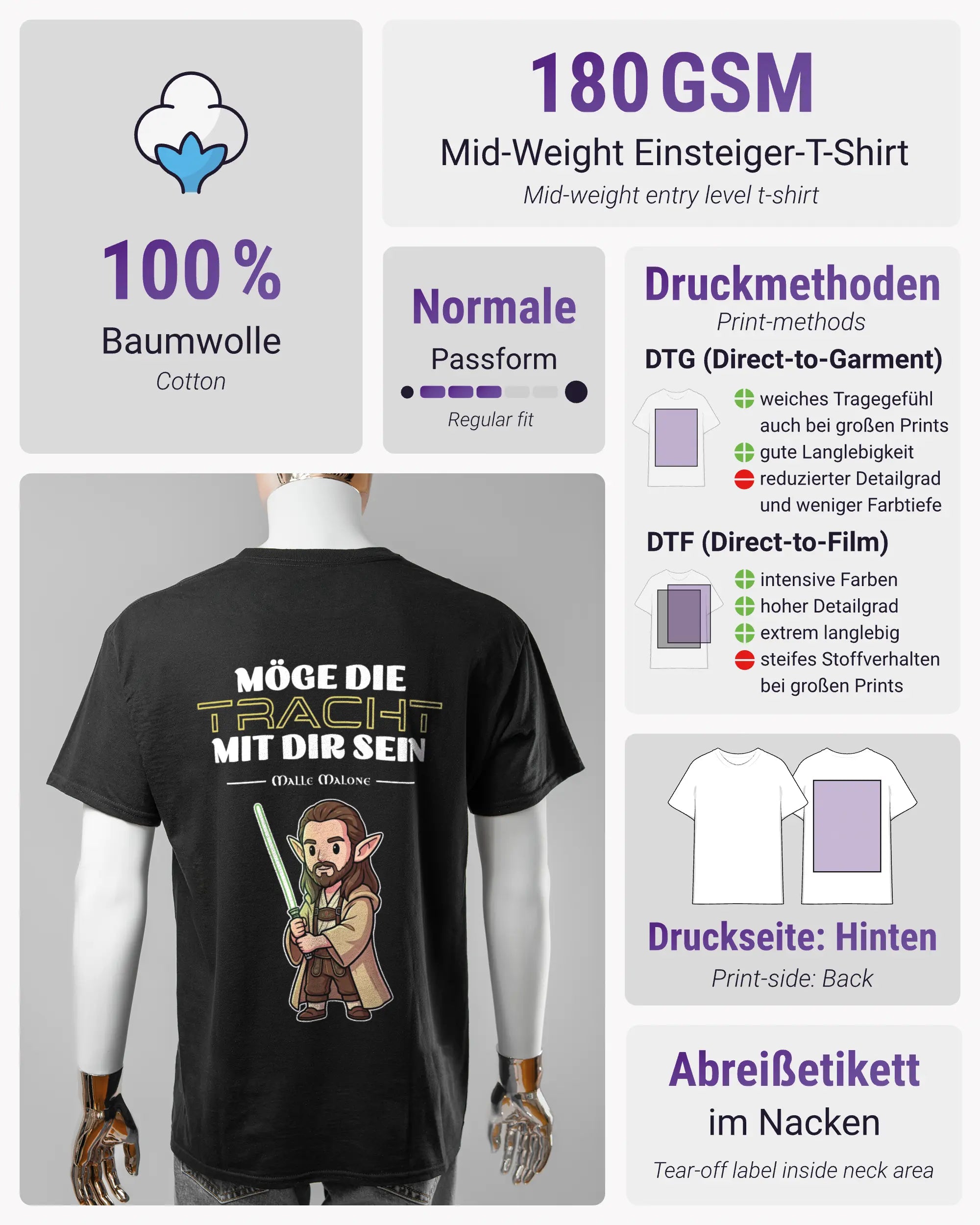 Produktinformationsblatt des Basic Unisex T-Shirt Regular von Maondo mit dem Design Tracht mit dir hinten in der Farbe Black und in der Größe L
