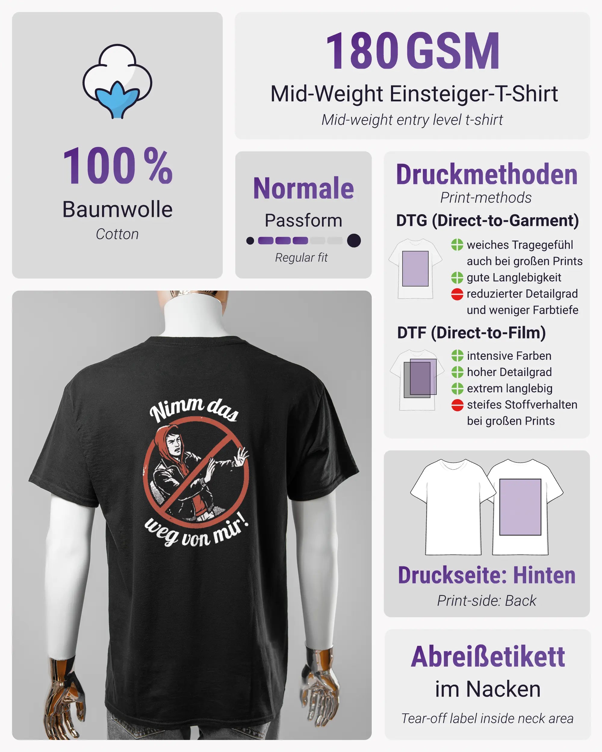 Produktinformationsblatt des Basic Unisex T-Shirt Regular von Maondo mit dem Design Nimm das weg hinten in der Farbe Black und in der Größe L