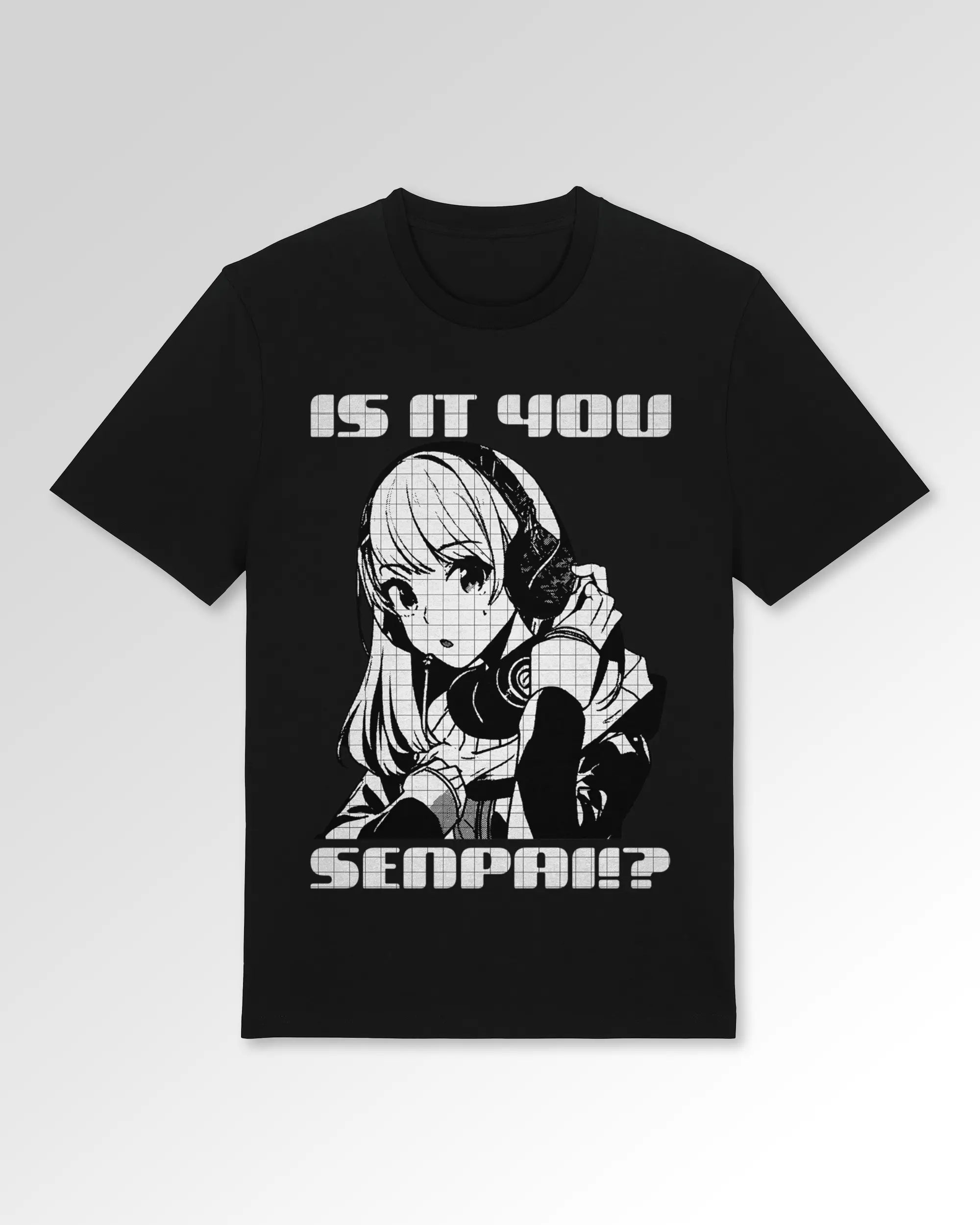 Packshot der Druckseite des Organic Unisex T-Shirts von Maondo im Casual Fit mit dem Design Senpai it is in der Farbe Black