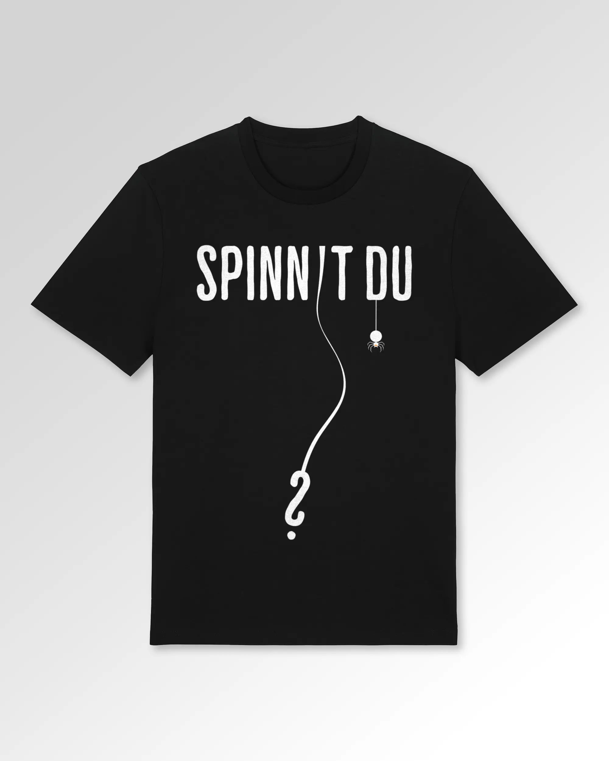 Packshot der Druckseite des Organic Unisex T-Shirts von Maondo im Casual Fit mit dem Design Spinnst du? in der Farbe Black