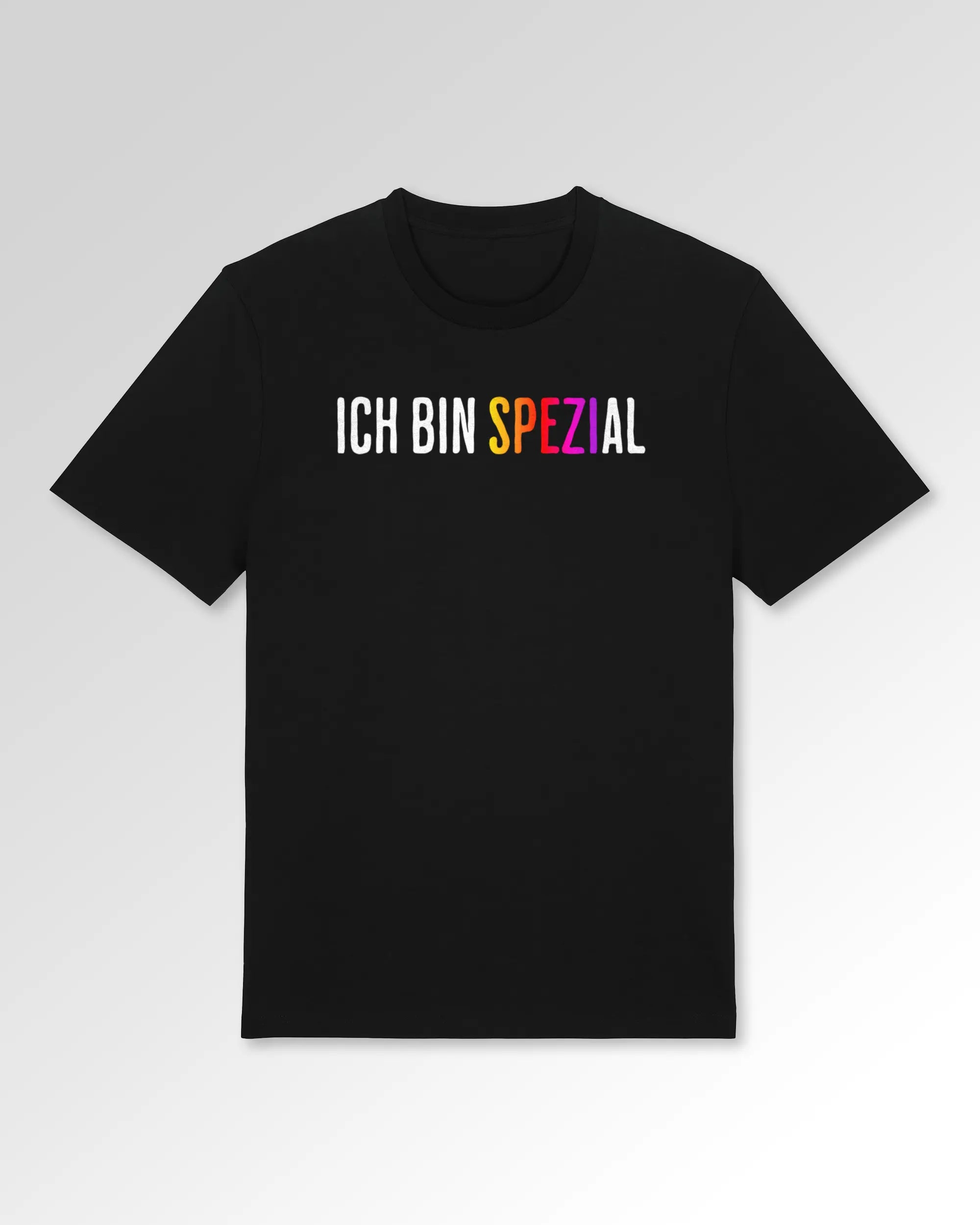 Packshot der Druckseite des Organic Unisex T-Shirts von Maondo im Casual Fit mit dem Design Ich bin Spezial in der Farbe Black