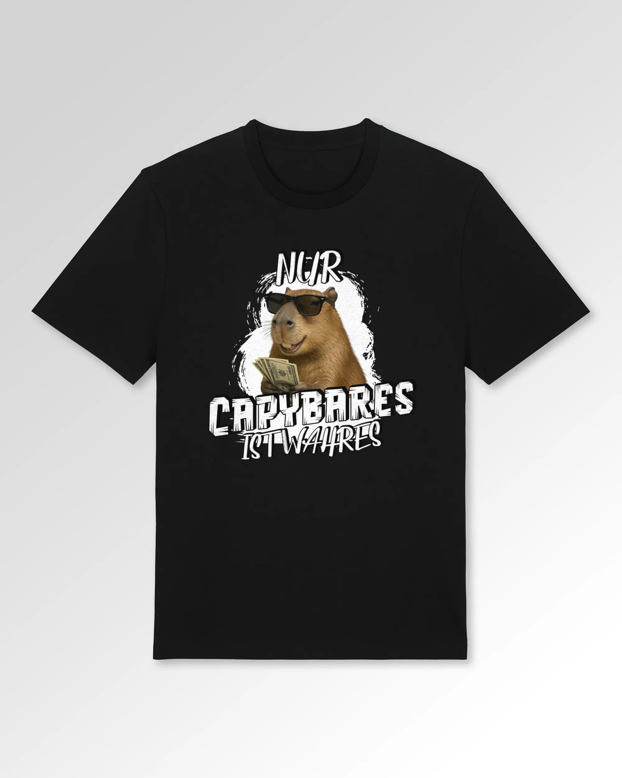 Packshot der Druckseite des Organic Unisex T-Shirts von Maondo im Casual Fit mit dem Design Capybares in der Farbe Black
