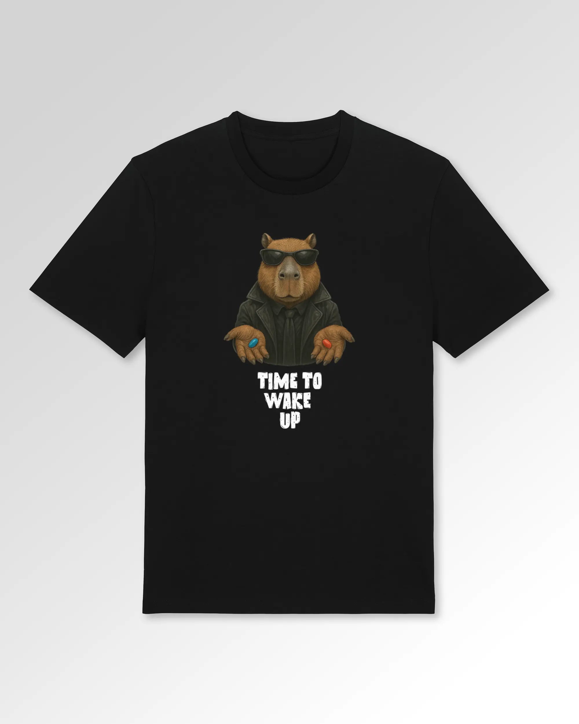 Packshot der Druckseite des Organic Unisex T-Shirts von Maondo im Casual Fit mit dem Design Wake up in der Farbe Black