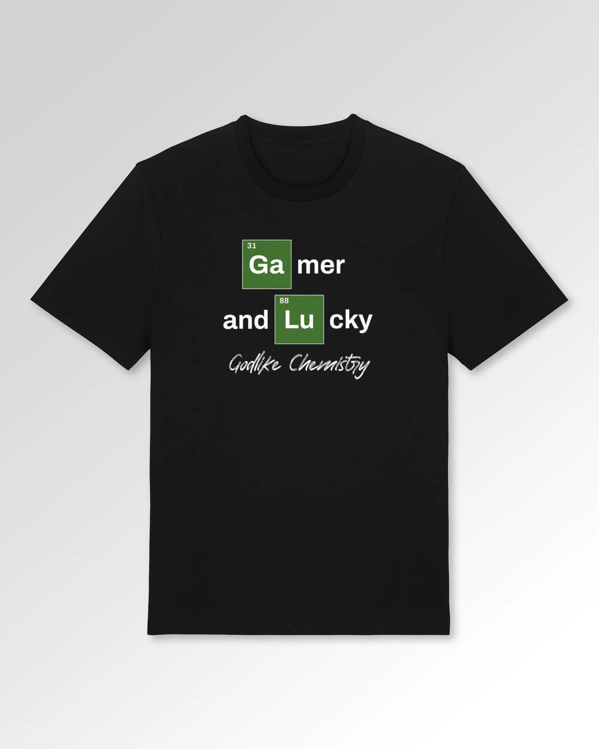 Packshot der Druckseite des Organic Unisex T-Shirts von Maondo im Casual Fit mit dem Design Gamer Chemistry in der Farbe Black