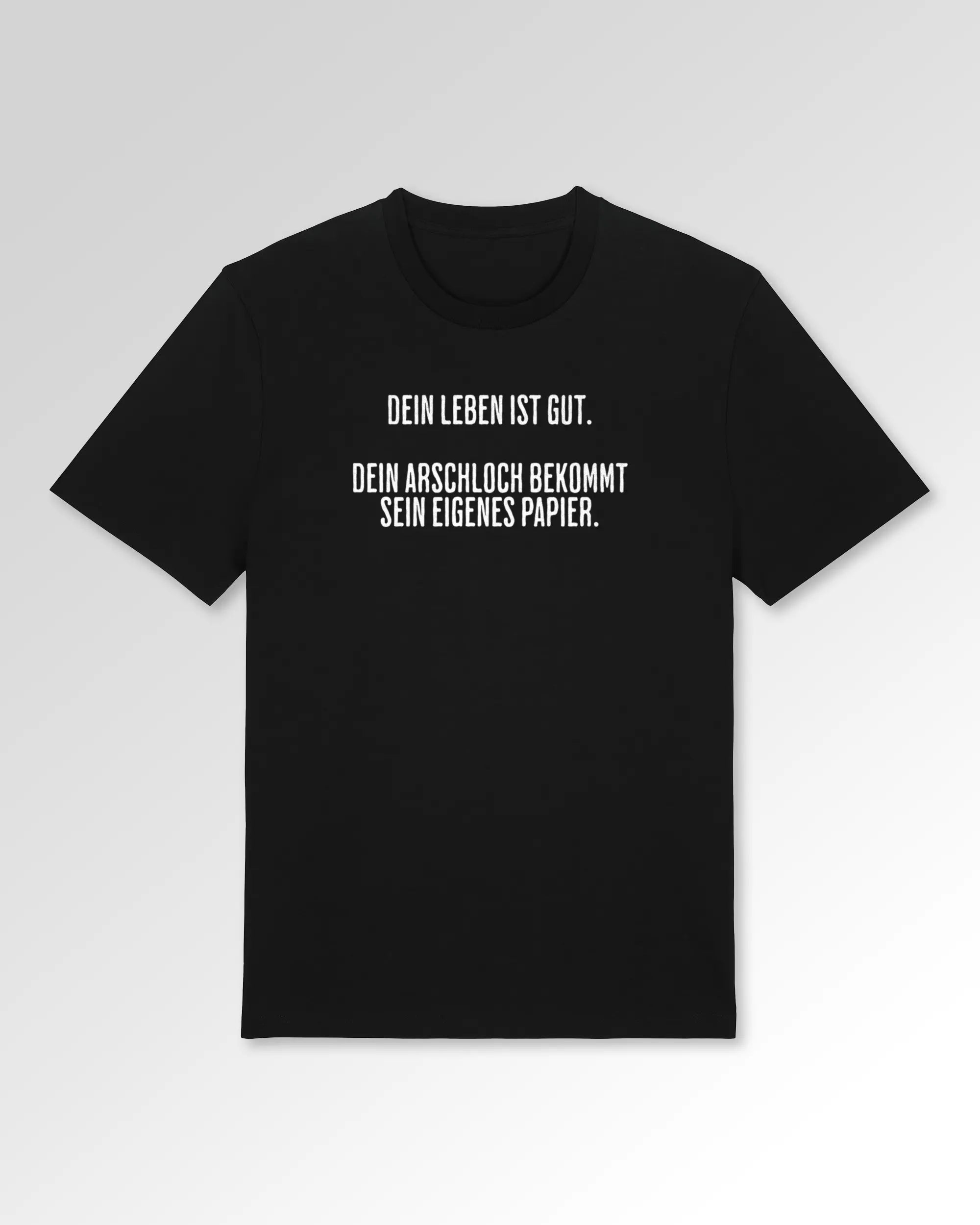 Packshot der Druckseite des Organic Unisex T-Shirts von Maondo im Casual Fit mit dem Design Gutes Leben in der Farbe Black