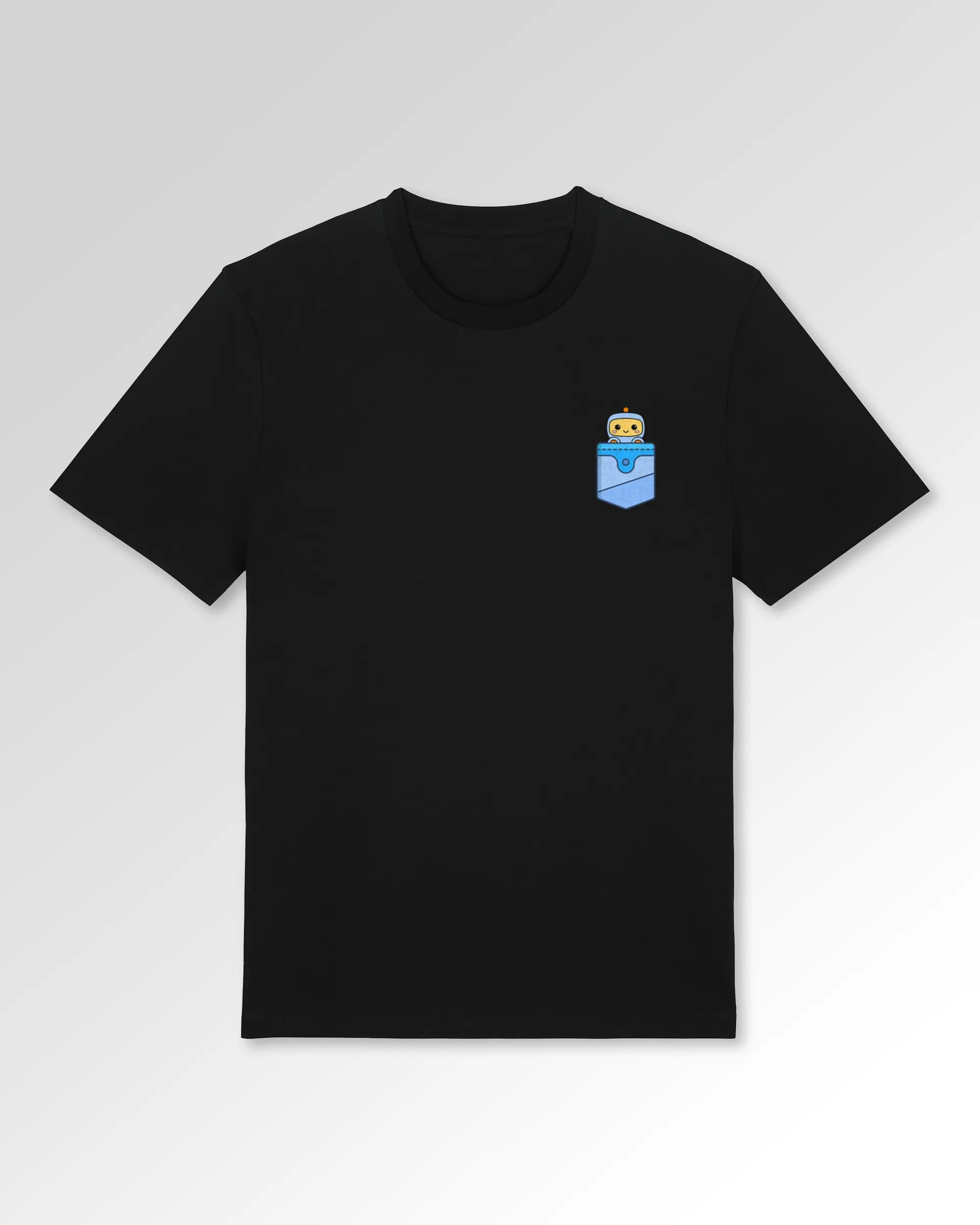 Packshot der Druckseite des Organic Unisex T-Shirts von Maondo im Casual Fit mit dem Design Taschenbot in der Farbe Black