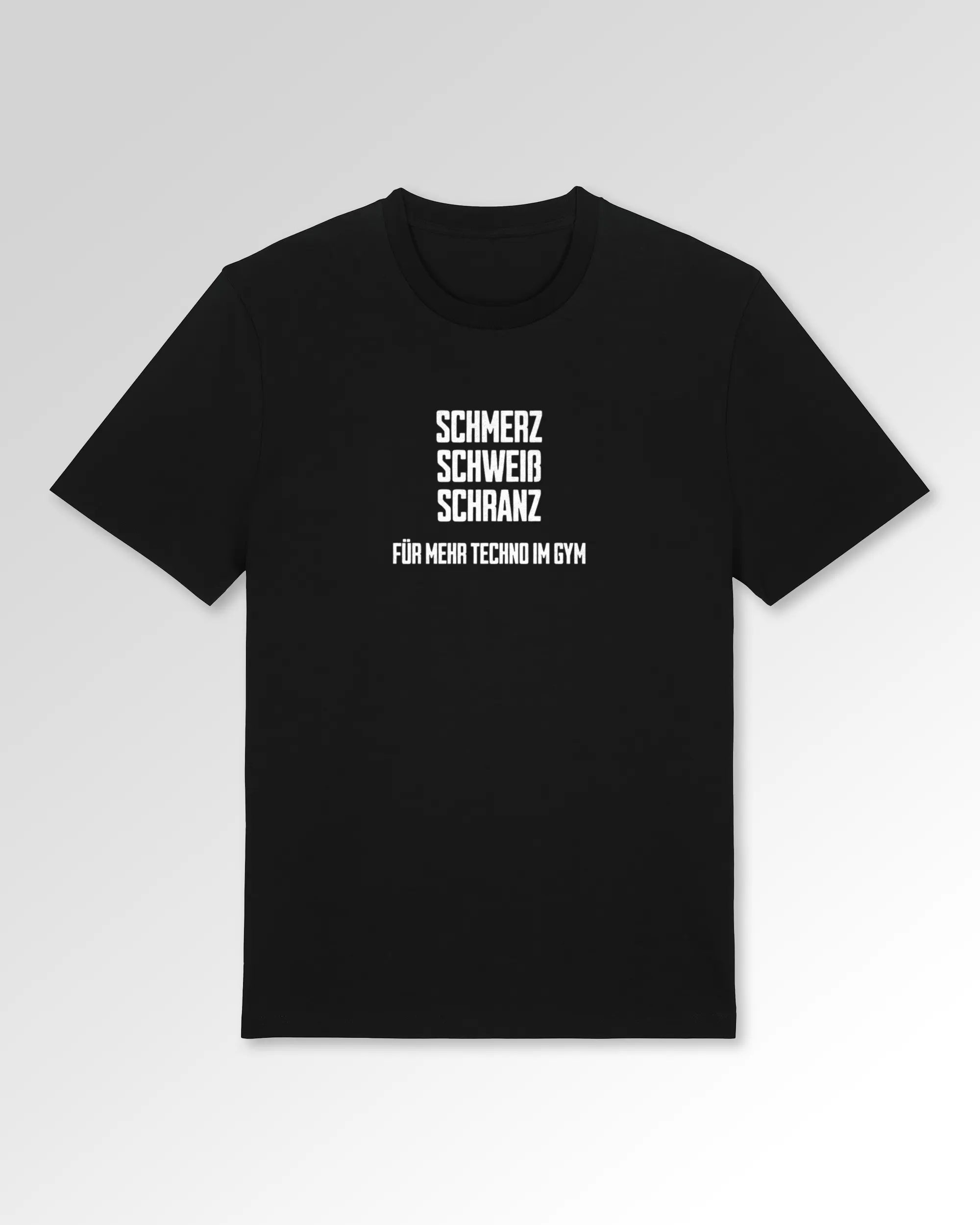 Packshot der Druckseite des Organic Unisex T-Shirts von Maondo im Casual Fit mit dem Design Techno im Gym in der Farbe Black