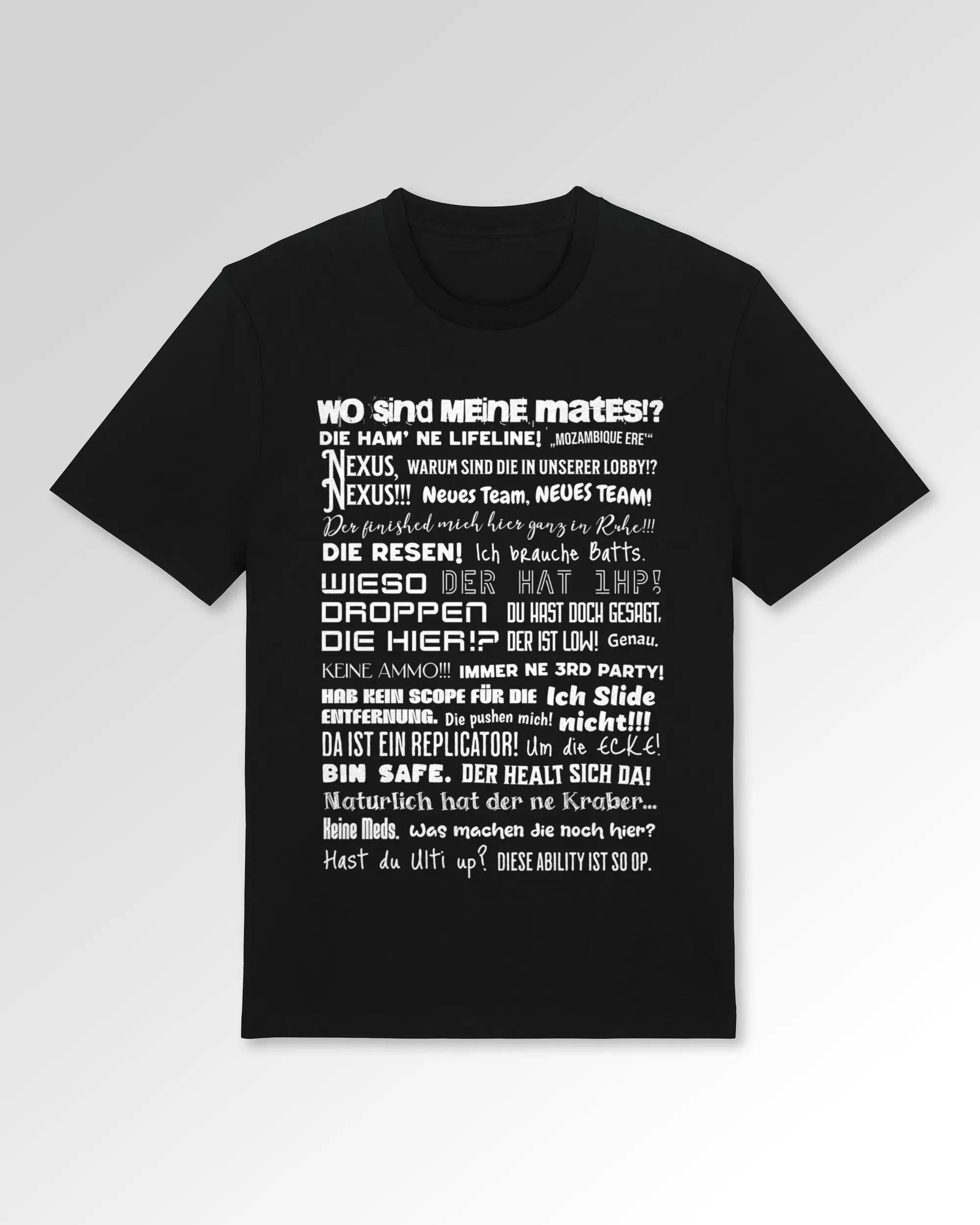 Packshot der Druckseite des Organic Unisex T-Shirts von Maondo im Casual Fit mit dem Design Apex Storytime in der Farbe Black