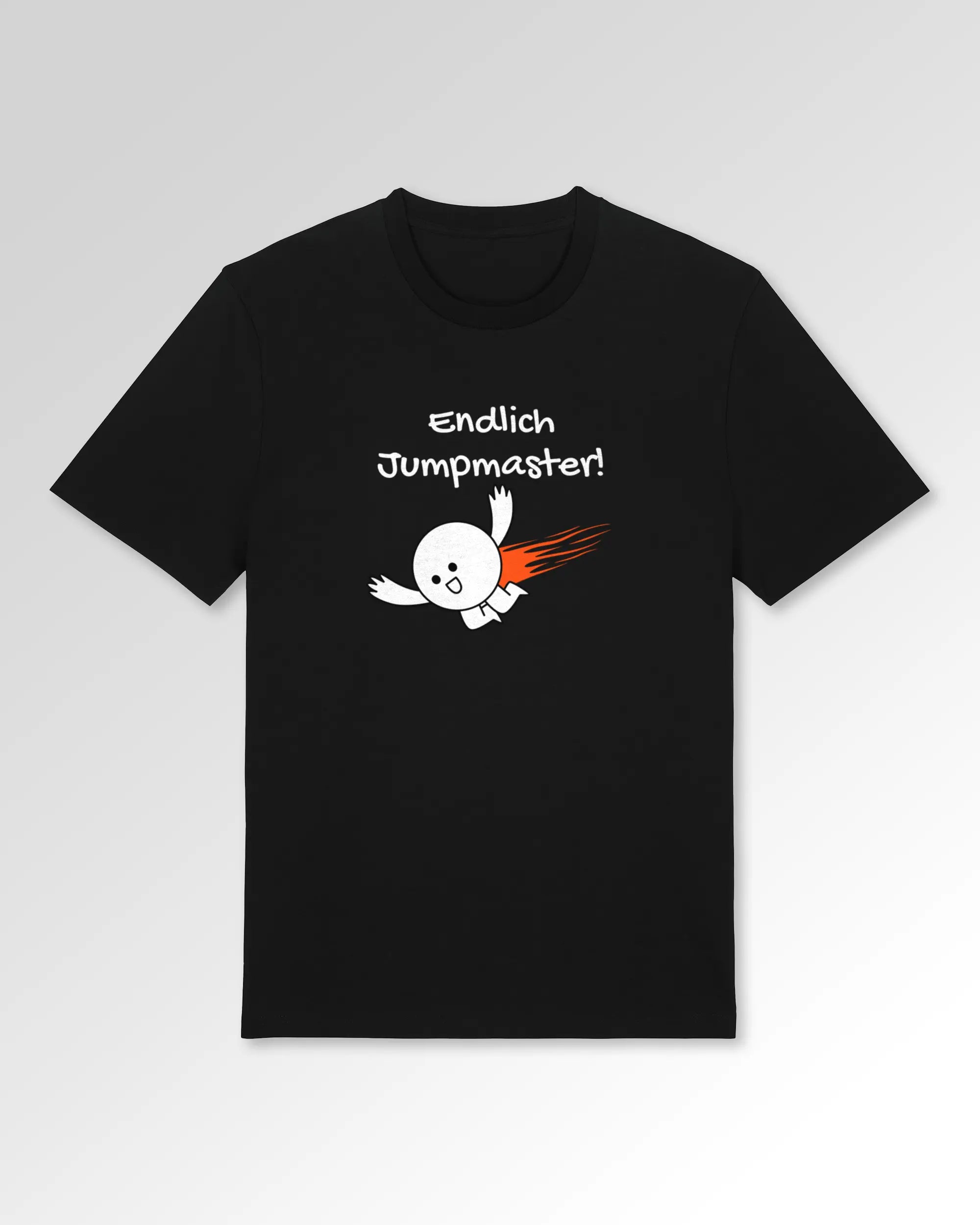 Packshot der Druckseite des Organic Unisex T-Shirts von Maondo im Casual Fit mit dem Design Endlich Jumpmaster in der Farbe Black