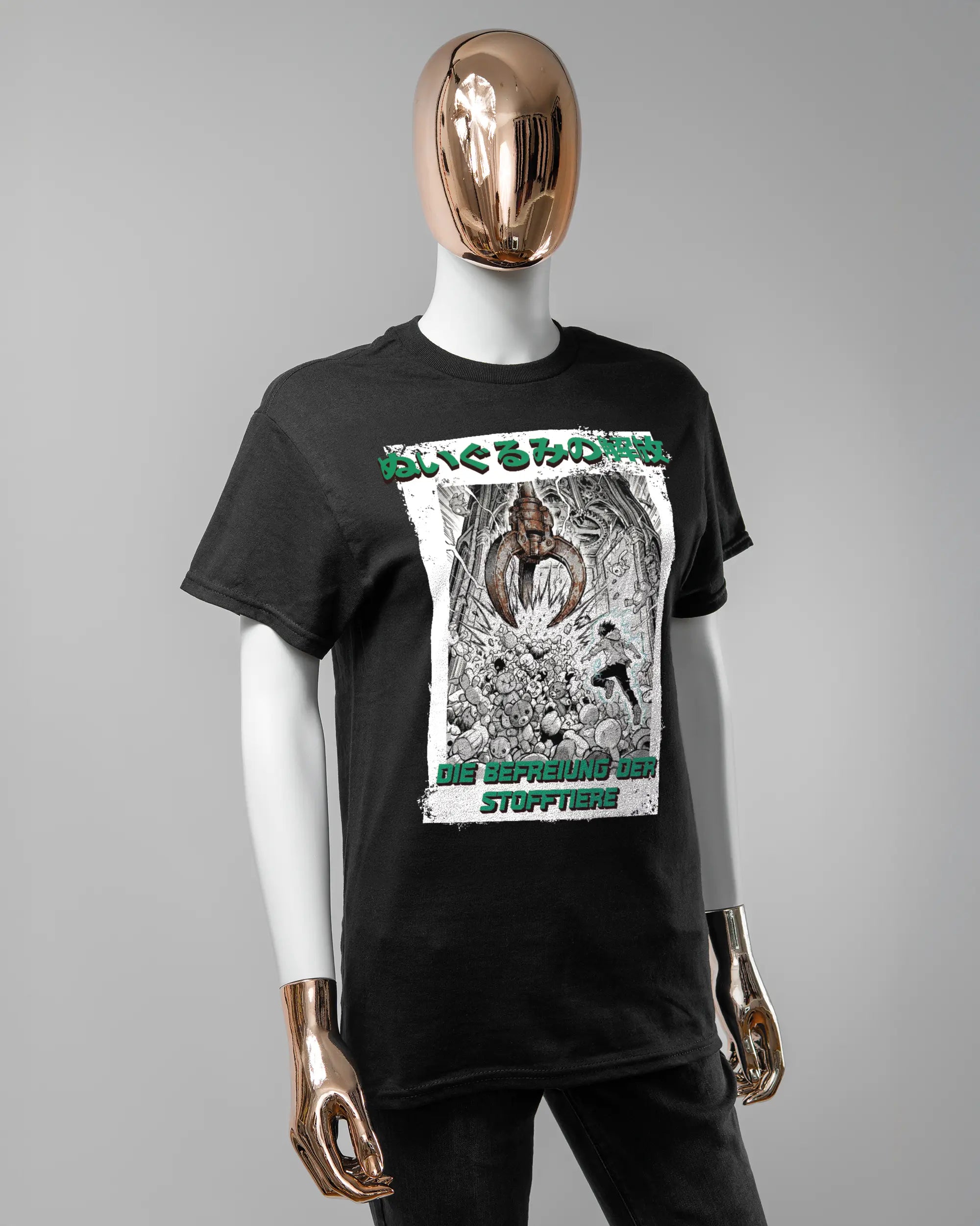 Vorderseite des Basic Unisex T-Shirt Regular von Maondo mit dem Design Save 1 Stofftier in der Farbe Black und in der Größe S getragen von einer femininen Puppe