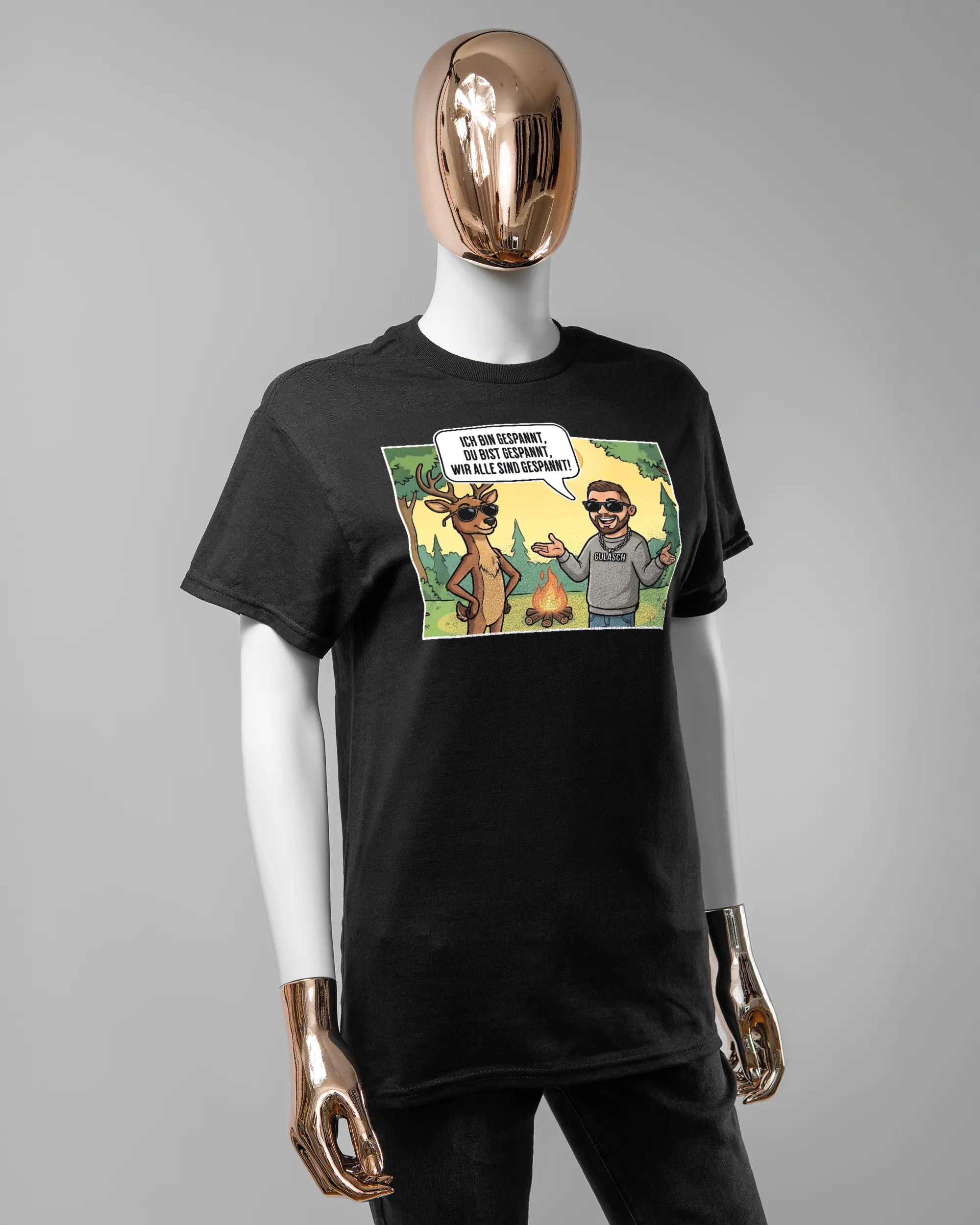 Vorderseite des Basic Unisex T-Shirt Regular von Maondo mit dem Design Vollspannung in der Farbe Black und in der Größe S getragen von einer femininen Puppe