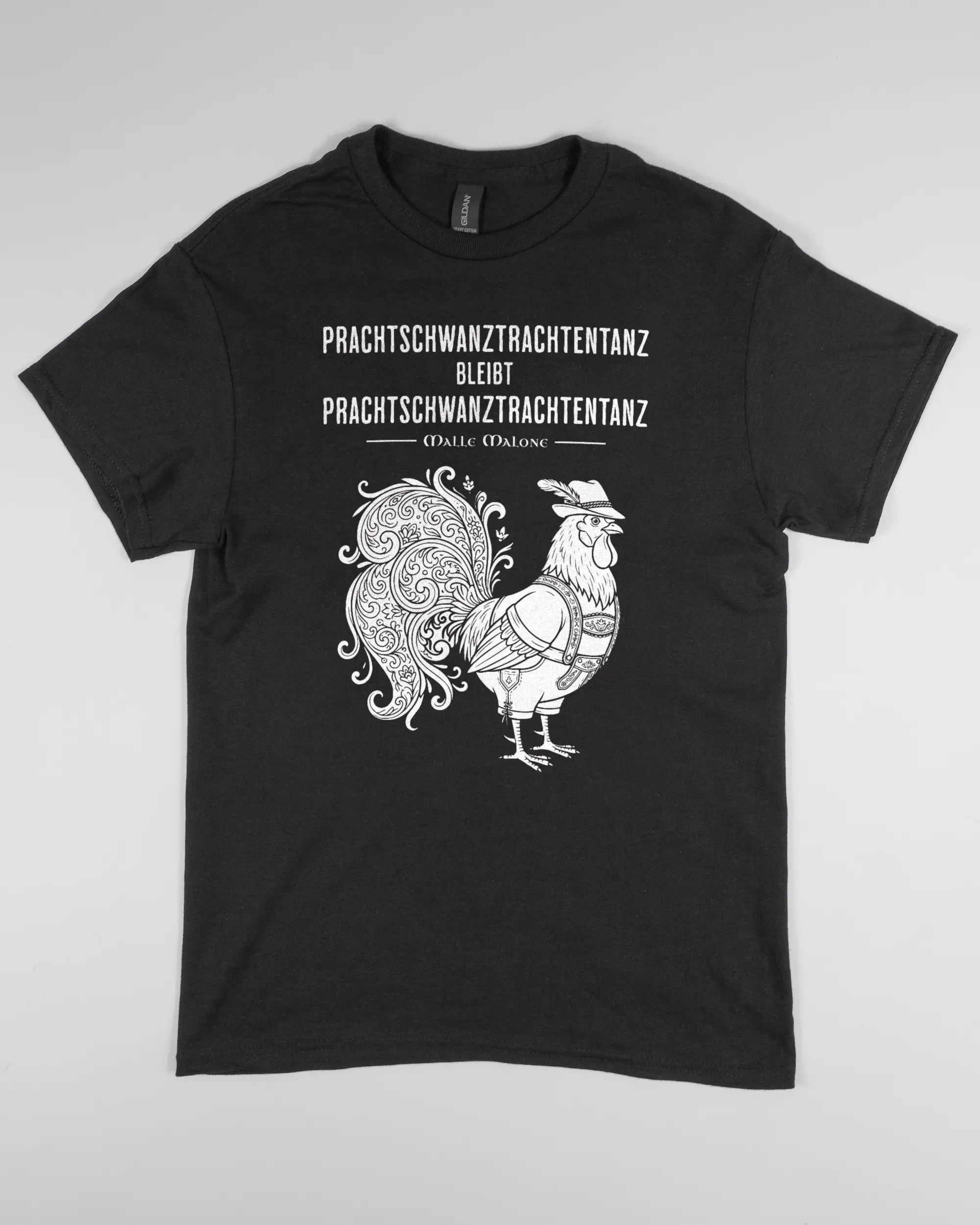 Vorderseite des Basic Unisex T-Shirt Regular von Maondo mit dem Design Trachtentanz in der Farbe Black und in der Größe S flach auf den Boden gelegt