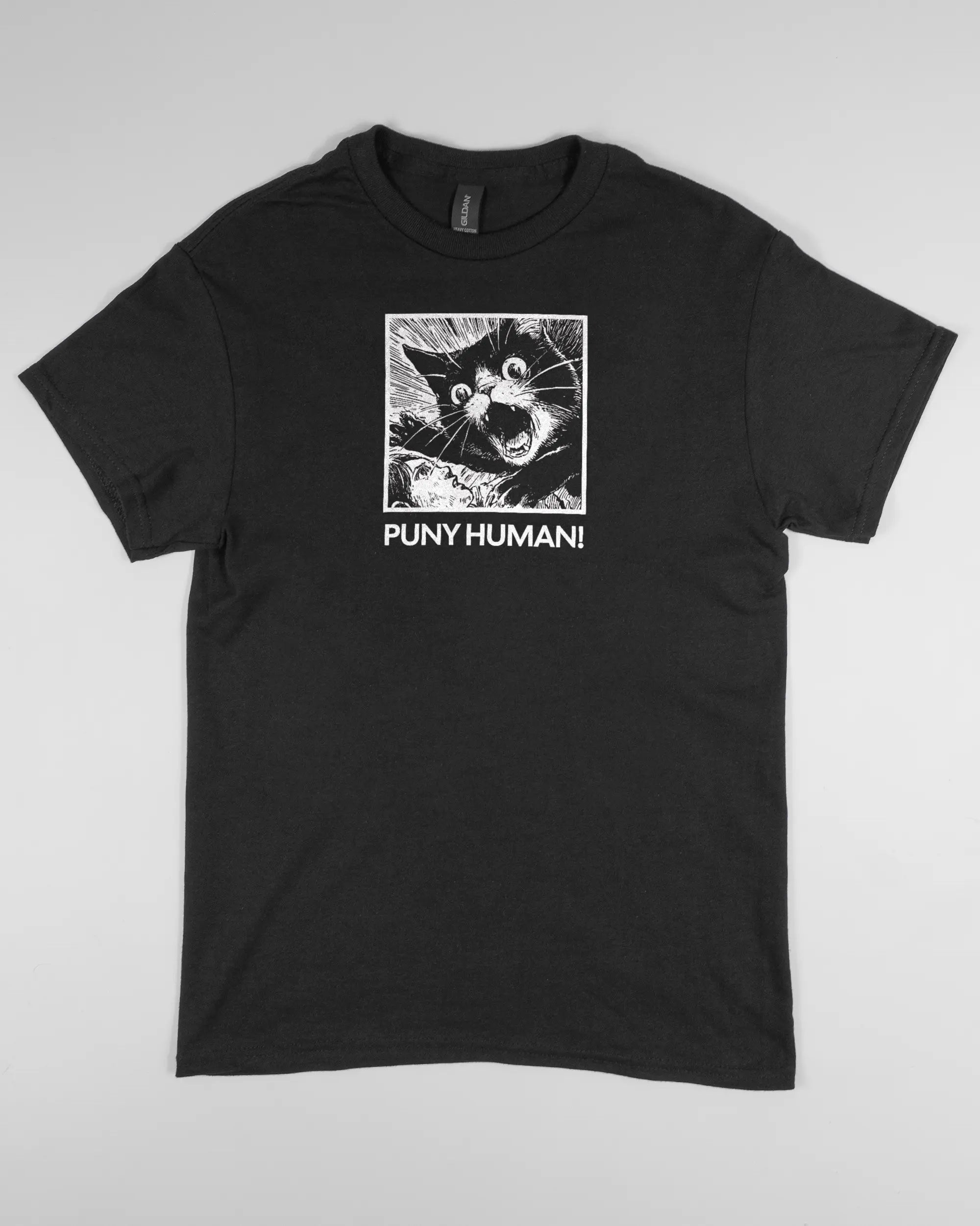 Vorderseite des Basic Unisex T-Shirt Regular von Maondo mit dem Design Puny Human in der Farbe Black und in der Größe S flach auf den Boden gelegt