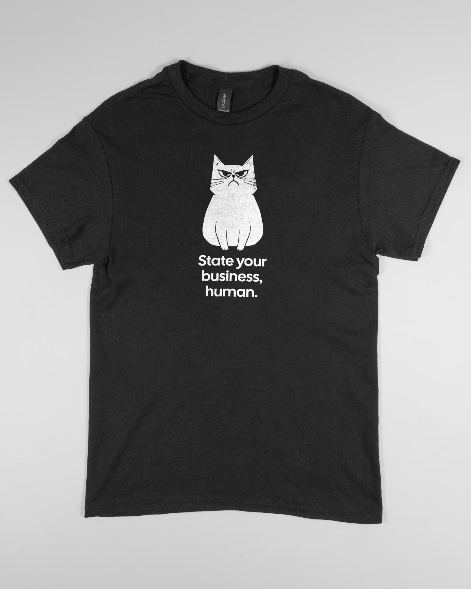 Vorderseite des Basic Unisex T-Shirt Regular von Maondo mit dem Design Grumpy Purr in der Farbe Black und in der Größe S flach auf den Boden gelegt