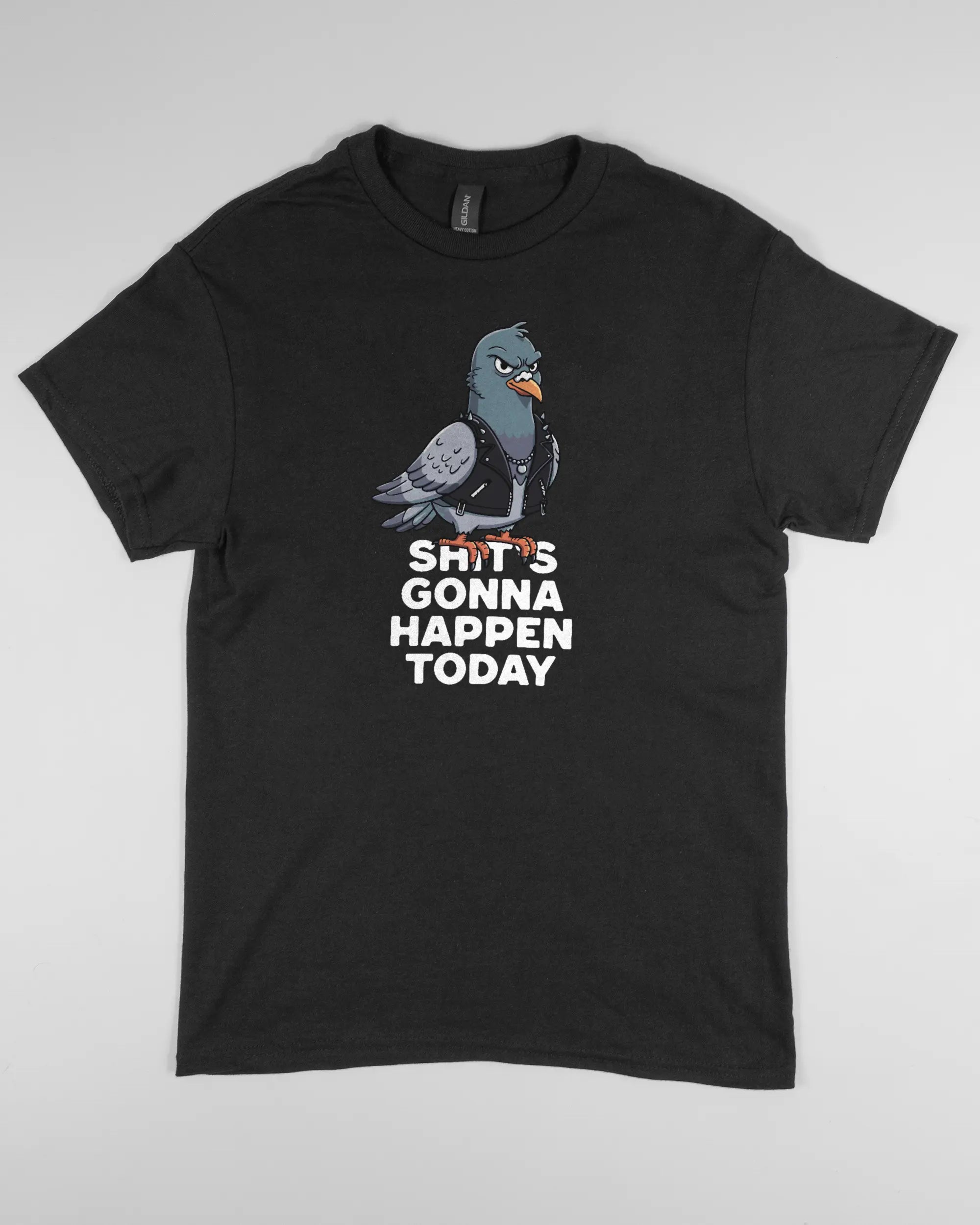 Vorderseite des Basic Unisex T-Shirt Regular von Maondo mit dem Design Pigeon Pun in der Farbe Black und in der Größe S flach auf den Boden gelegt