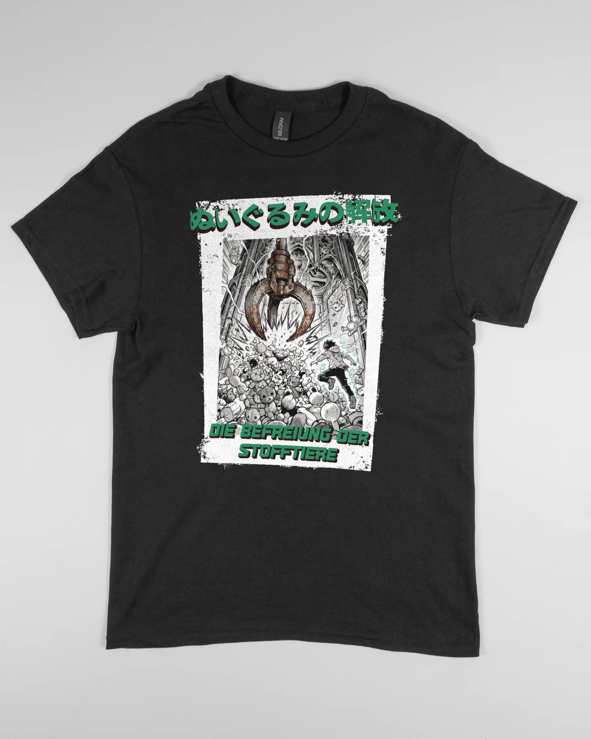 Vorderseite des Basic Unisex T-Shirt Regular von Maondo mit dem Design Save 1 Stofftier in der Farbe Black und in der Größe S flach auf den Boden gelegt