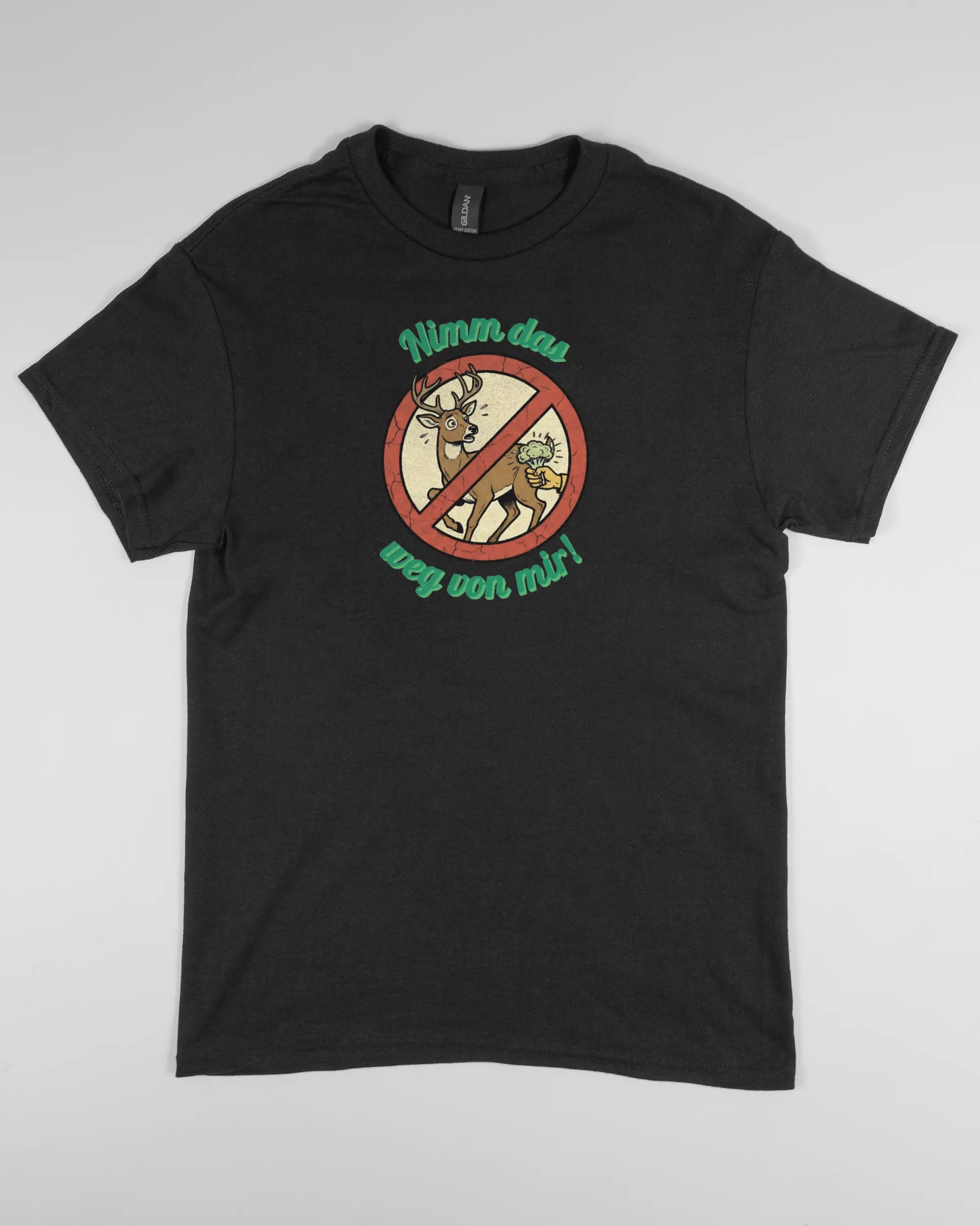 Vorderseite des Basic Unisex T-Shirt Regular von Maondo mit dem Design Reh weg in der Farbe Black und in der Größe S flach auf den Boden gelegt