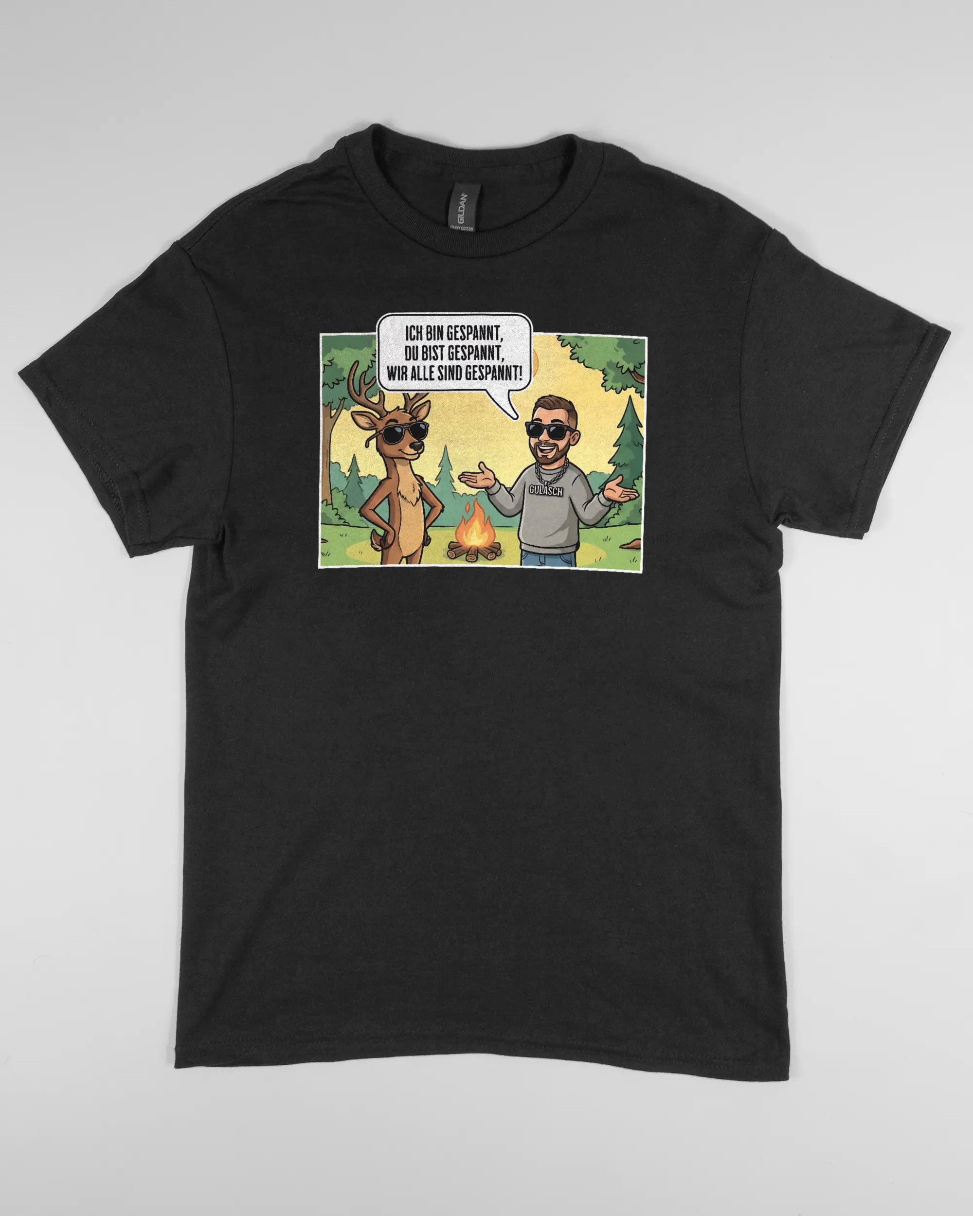 Vorderseite des Basic Unisex T-Shirt Regular von Maondo mit dem Design Vollspannung in der Farbe Black und in der Größe S flach auf den Boden gelegt