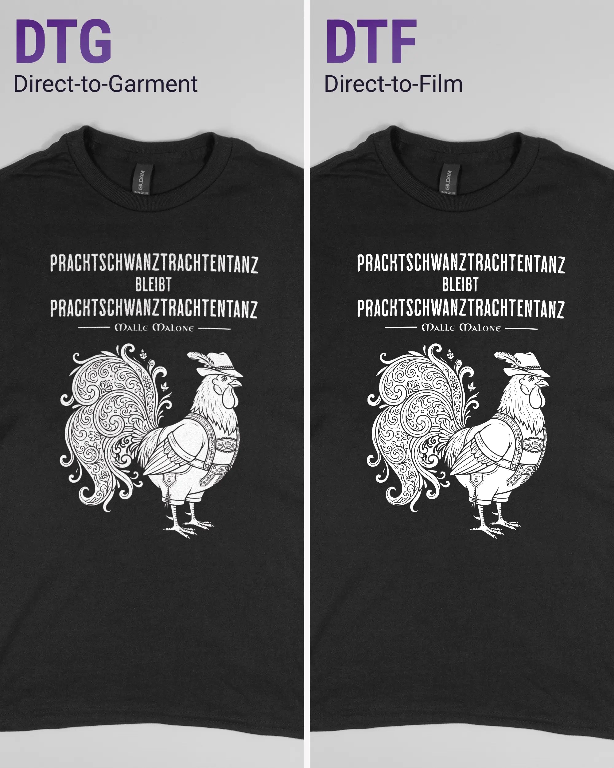 Vergleich der Vorderseiten des Basic Unisex T-Shirt Regular von Maondo mit dem Design Trachtentanz in der Farbe Black und in der Größe S links mit dem Direct-to-Garment und rechts mit dem Direct-to-Film Verfahren