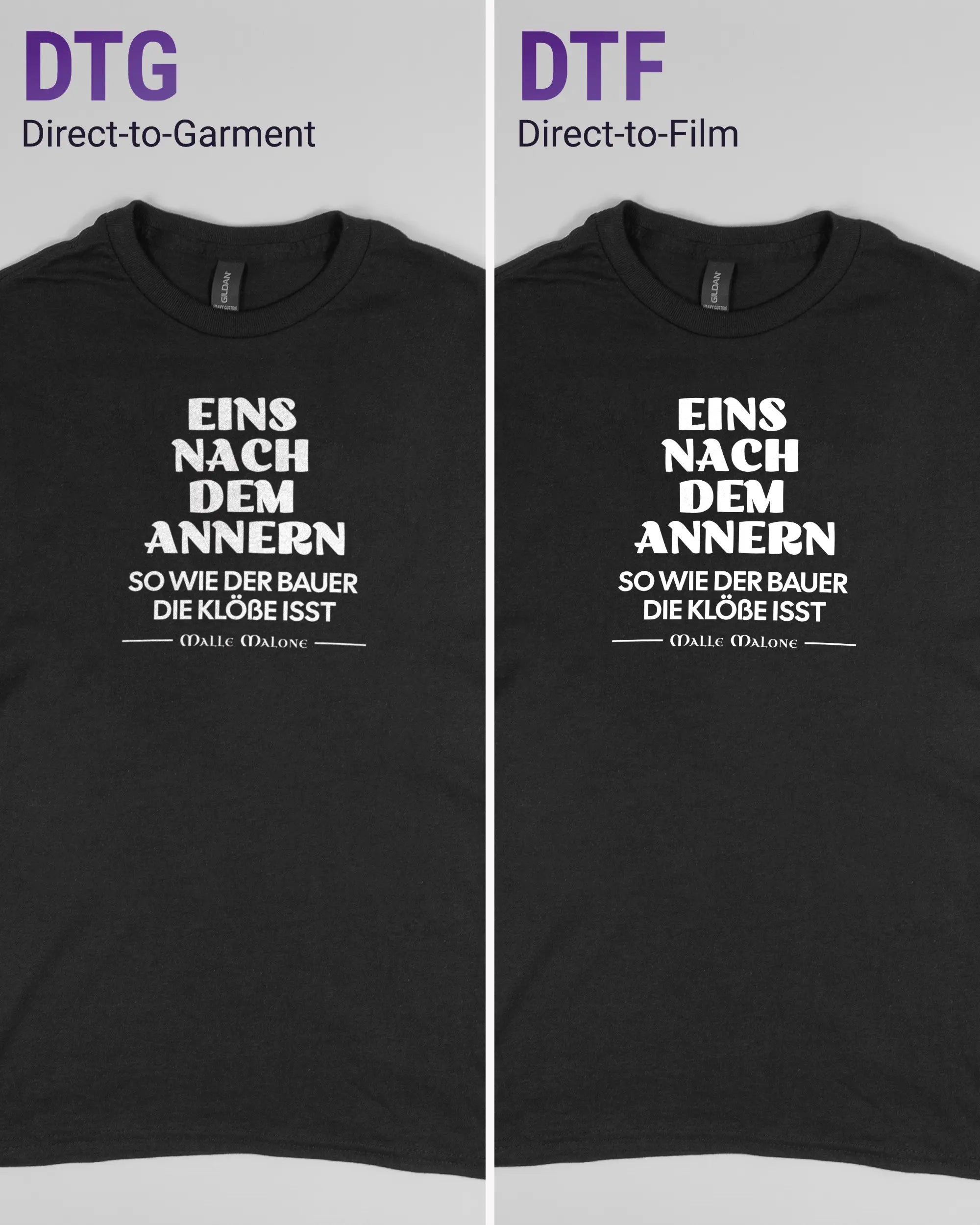 Vergleich der Vorderseiten des Basic Unisex T-Shirt Regular von Maondo mit dem Design Eins nach dem Annern in der Farbe Black und in der Größe S links mit dem Direct-to-Garment und rechts mit dem Direct-to-Film Verfahren
